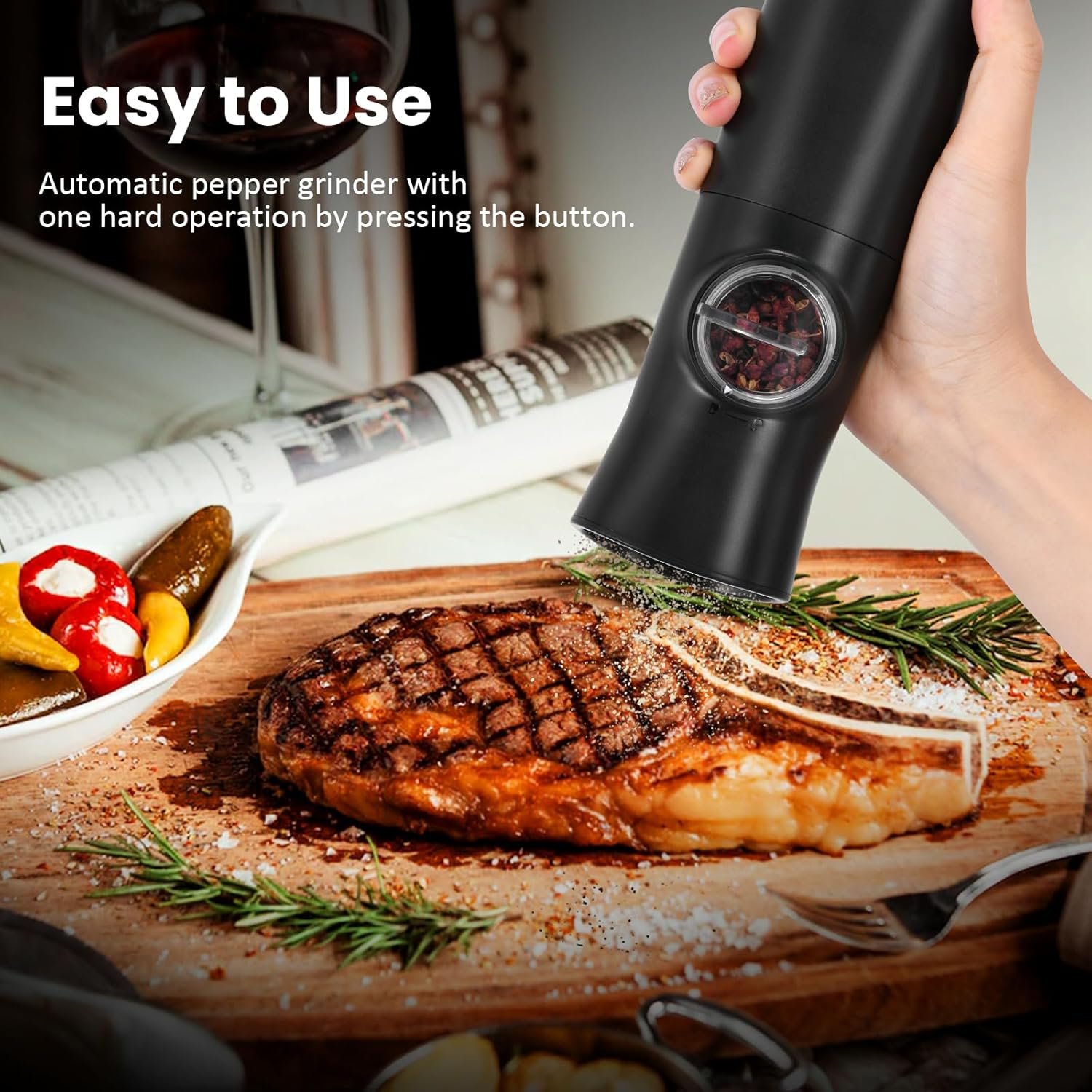 AORESAC Gravity Electric Salt and Pepper Grinder Set, Rechargeable Automatic Salt & Pepper Mill Grinder with Adjustable Coarseness, One Hand Operation, LED Light, Dustproof Cover, 2 Pack - Image 7