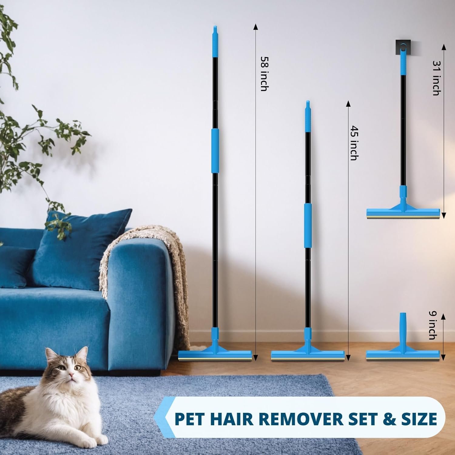 Carpet Rake for Pet Hair Removal, Reusable Cat Hair Remover with 58” Adjustable Long Handle, Dog Hair Carpet Scraper for Furnitures, Mats, Pet Hair Removal Tool and Dog Hair Remover for Couch - Image 5