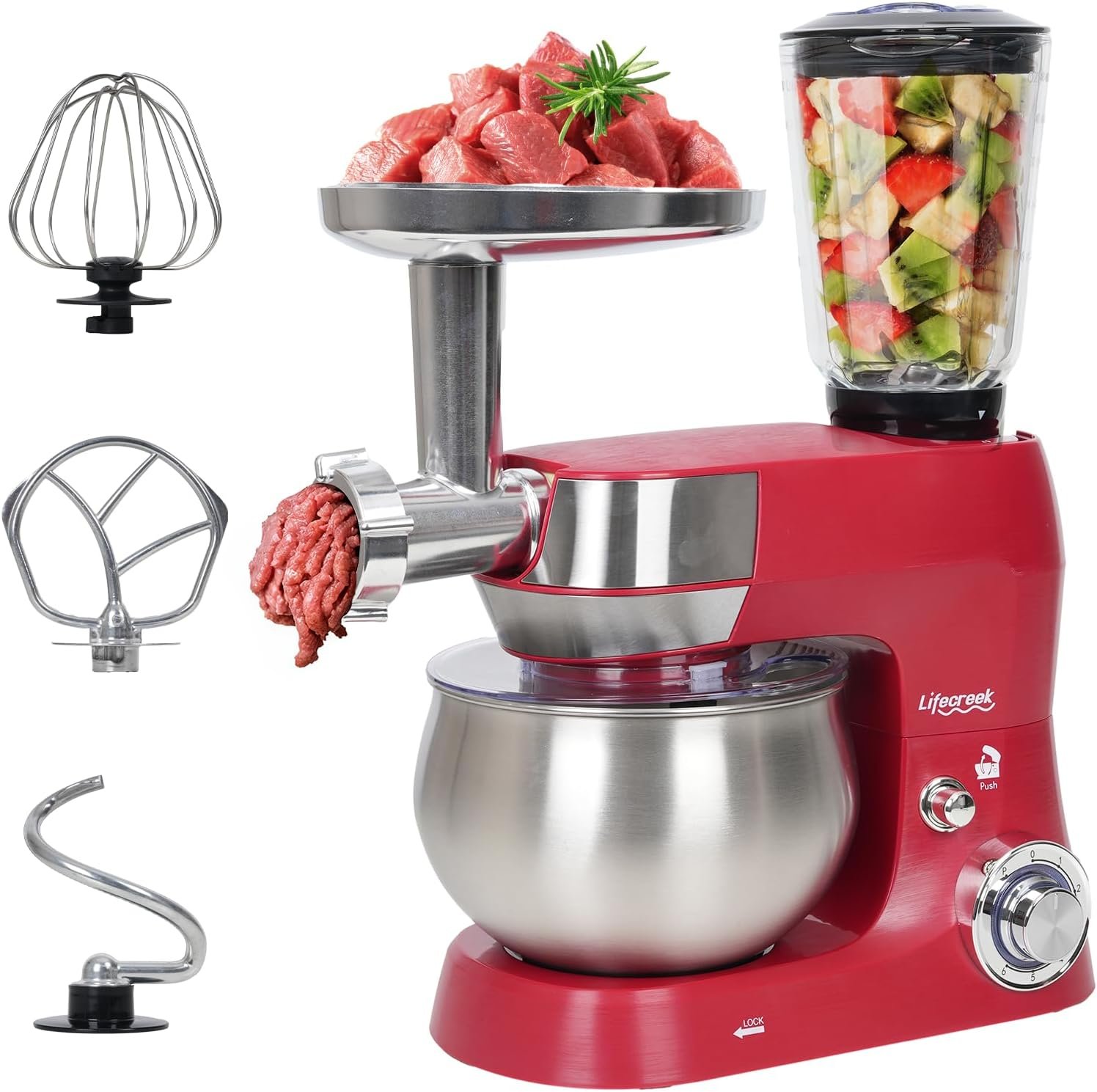 6-in-1 Multifunctional Stand Mixer, 5.3Qt 660W, 6-Speed Tilt-head, Electric Kitchen Mixer with Stainless Steel Bowl,Meat Grinder, Juice Blender (Red) - Image 2