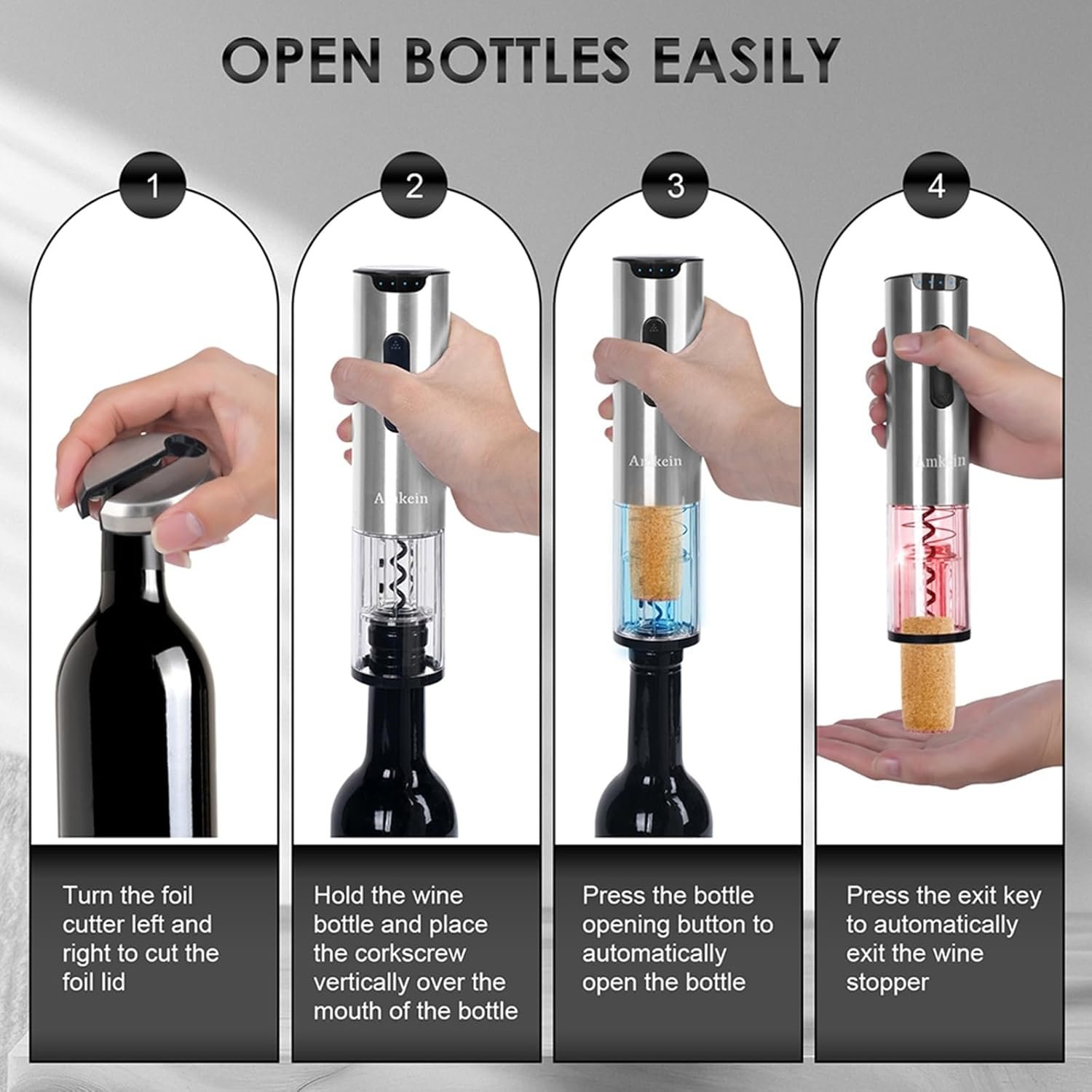Electric Wine Opener, Automatic Electric Wine Bottle Corkscrew Opener Gift Set - Includes a Charging Wine Bottle Opener, Wine Aerator, Vacuum Wine Preserver, Storage Base, Foil Cutter & USB Cable - Image 4