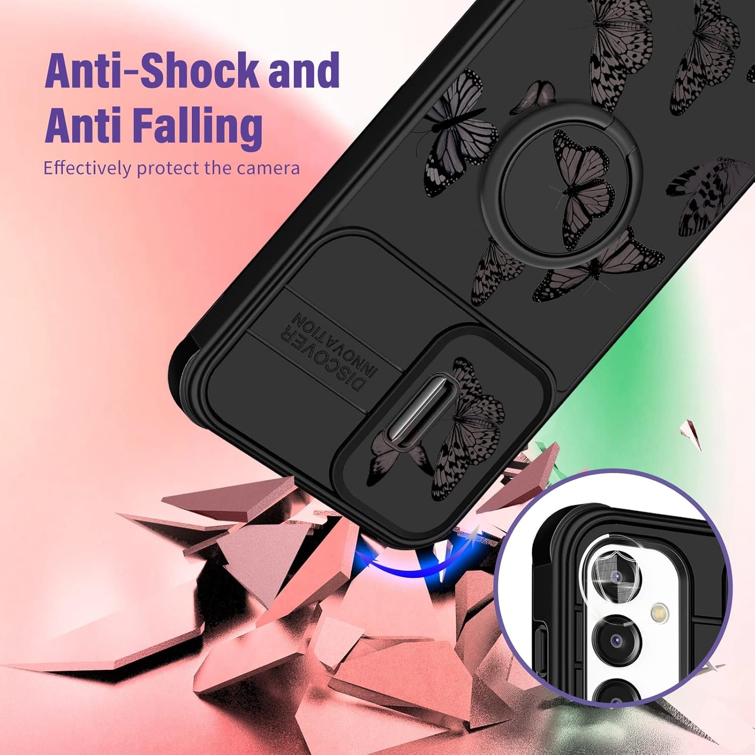 (2in1 for Samsung A14 5G Case for Women Cute Girls Cover Black Girly Kawaii Aesthetic Unique Fashion Fancy Butterfly Design with Camera Cover and Ring Stand for Samsung Galaxy A14 5G Case - Image 4