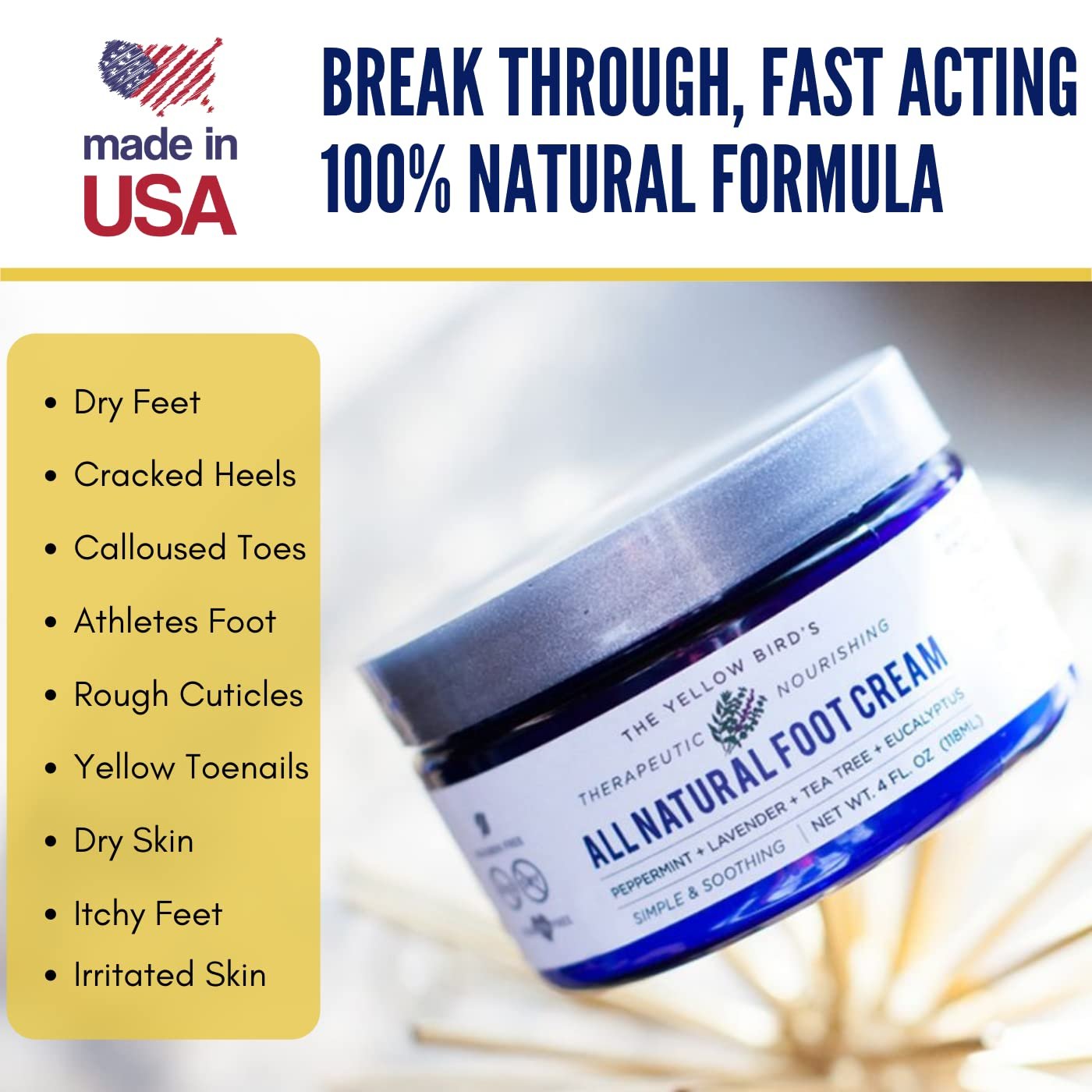Yellow Bird Natural Foot Cream - For Dry and Cracked Feet Repair. Organic Athlete’s Foot Balm. Salve Moisturizer for Heel Care & Callus Treatment with Tea Tree Oil & Peppermint Essential Oils - Image 4