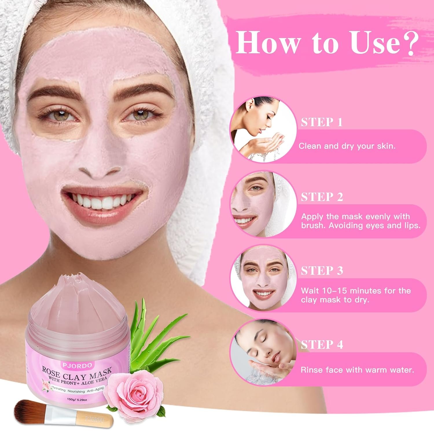 Rose Clay Mask, Skin Care Face Mask, Pink Clay Mask with Mask Brush for Deep Cleansing, Anti-Acne, Refining Pores Soothing and Brightening, Spa Facial Mask Gifts for Women - Image 7
