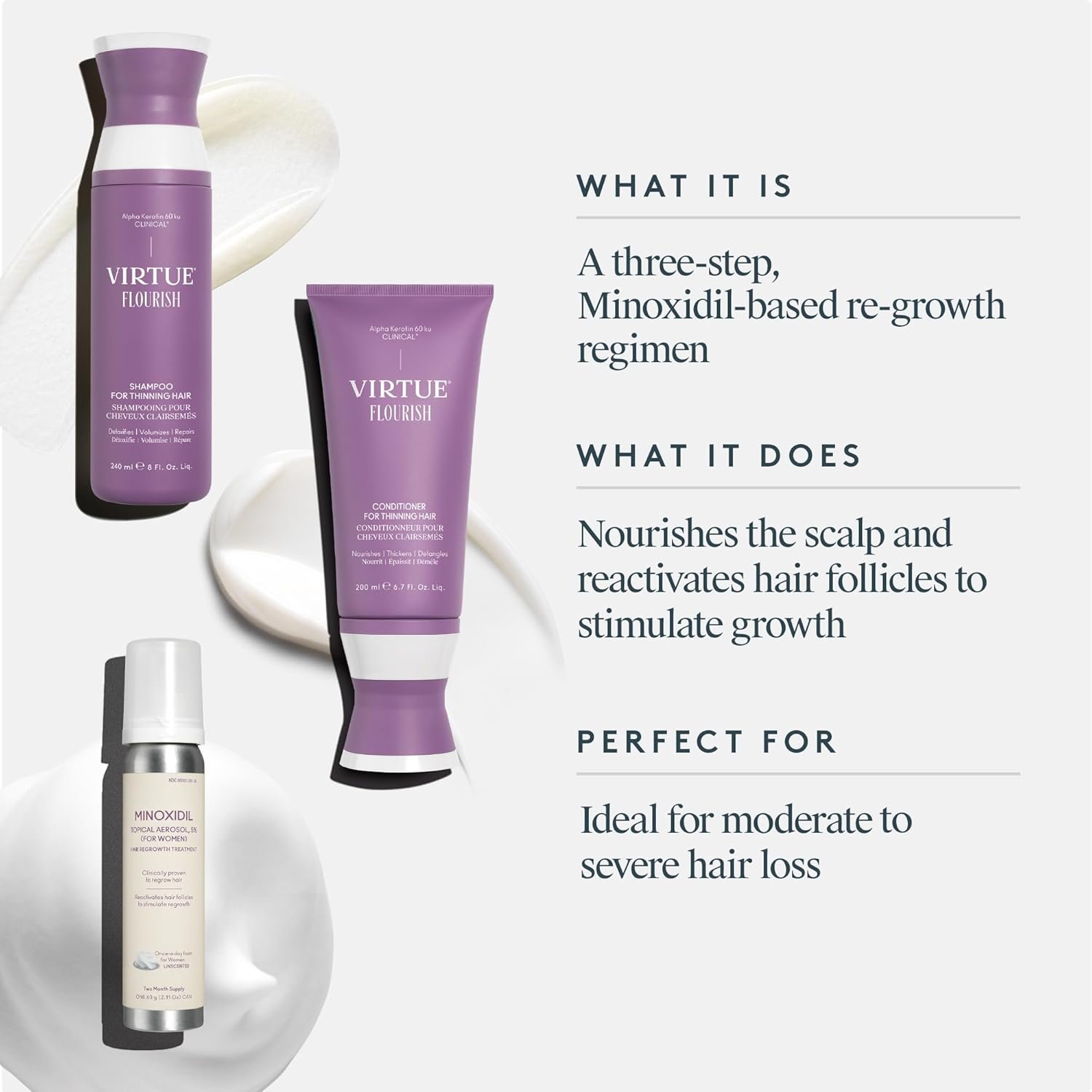 Virtue Flourish Hair Growth Regimen for Women with Minoxidil 5% Foam for Fine or Thinning Hair, Sulfate Free, Color Safe - Image 3