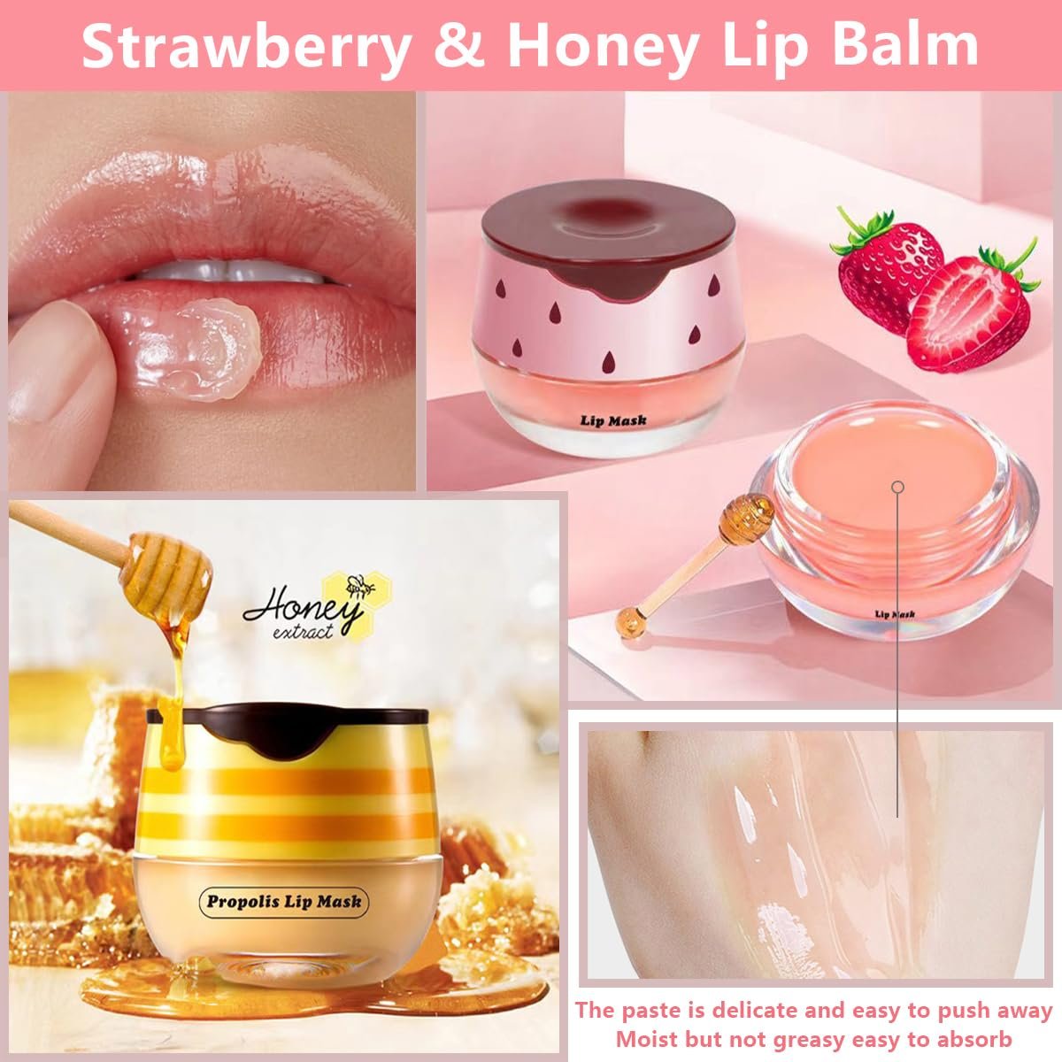4 Pcs Honey Lip Balm, Strawberry Apple Watermelon Lip Mask, Moisturizing Lip Sleeping Mask, Hydrate Repair Prevent Dry Cracked Lip (Honey+Strawberry+Apple Lime+Watermelon) - Image 4