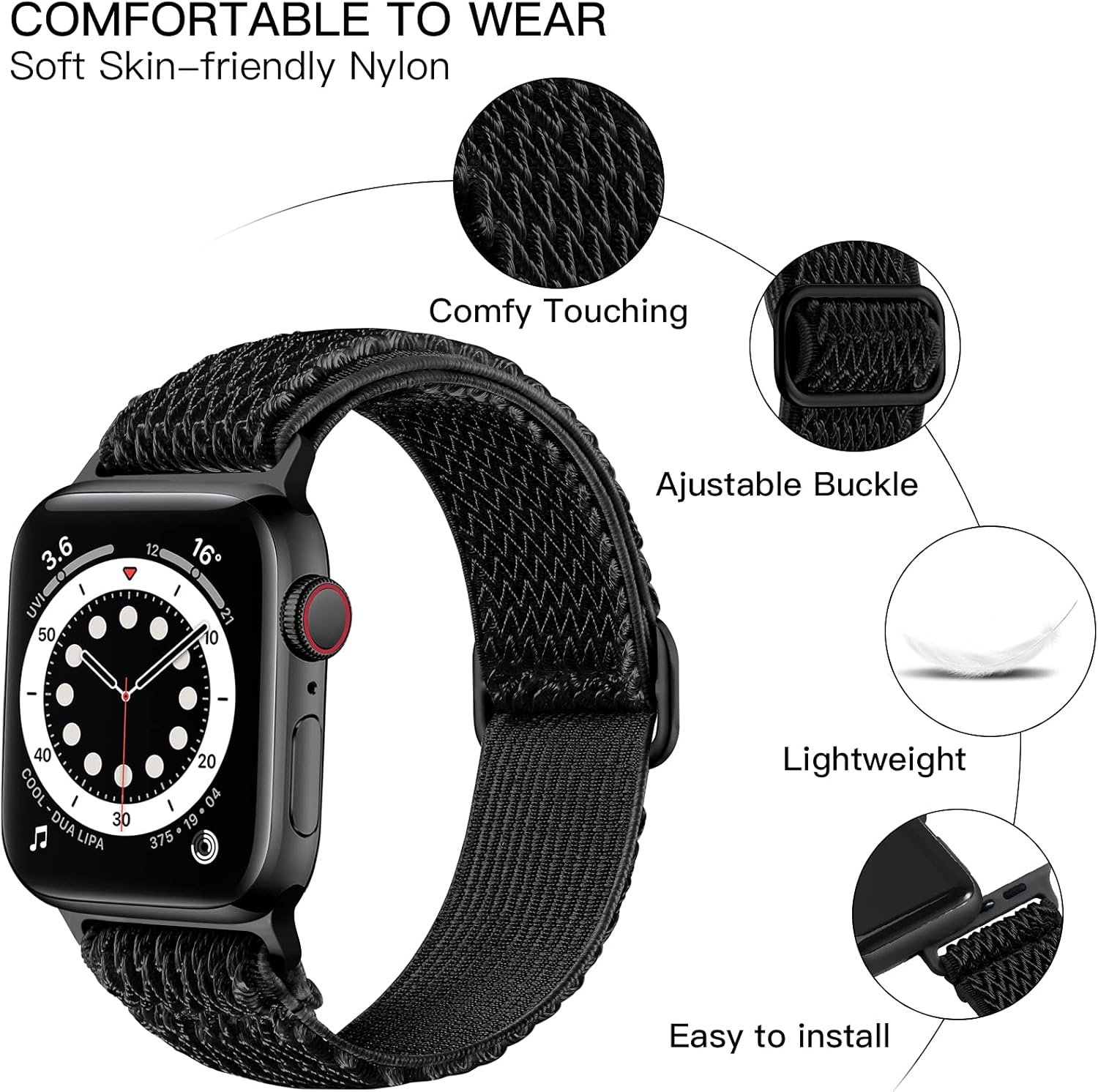 Lerobo Nylon Stretchy Solo Loop Watch Band, Compatible with Apple Watch Series 1-10, SE, Ultra 38/40/41/42/44/45mm/46mm/49mm, Adjustable Replacement Strap for Women Men - Image 3