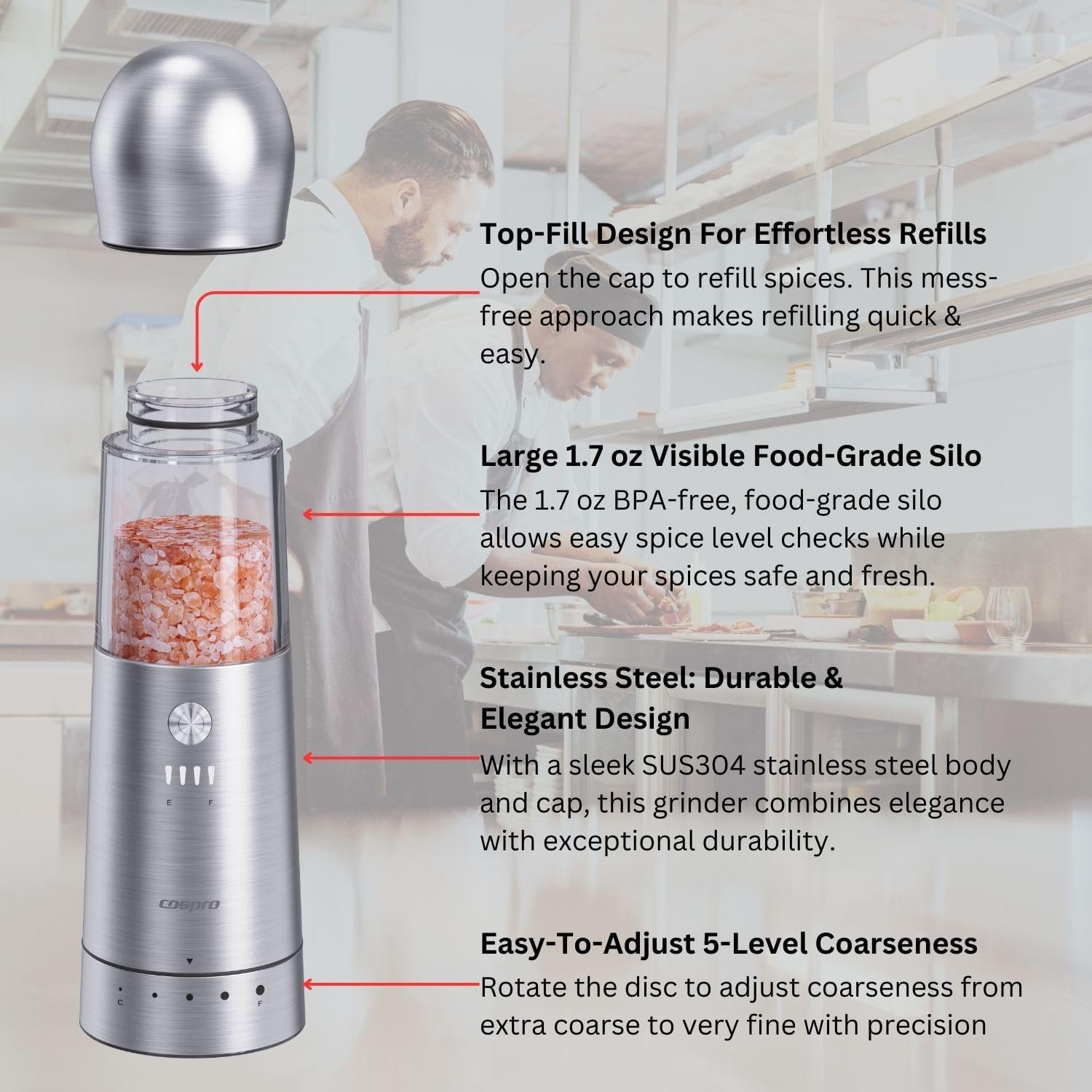 COSPRO 3-in-1 Wireless Charging Electric Salt and Pepper Grinder Set, Rechargeable Automatic Stainless Steel Spices Mill Set - One-Hand to Operate, Adjustable Coarseness, Easy Cleaning - Image 6