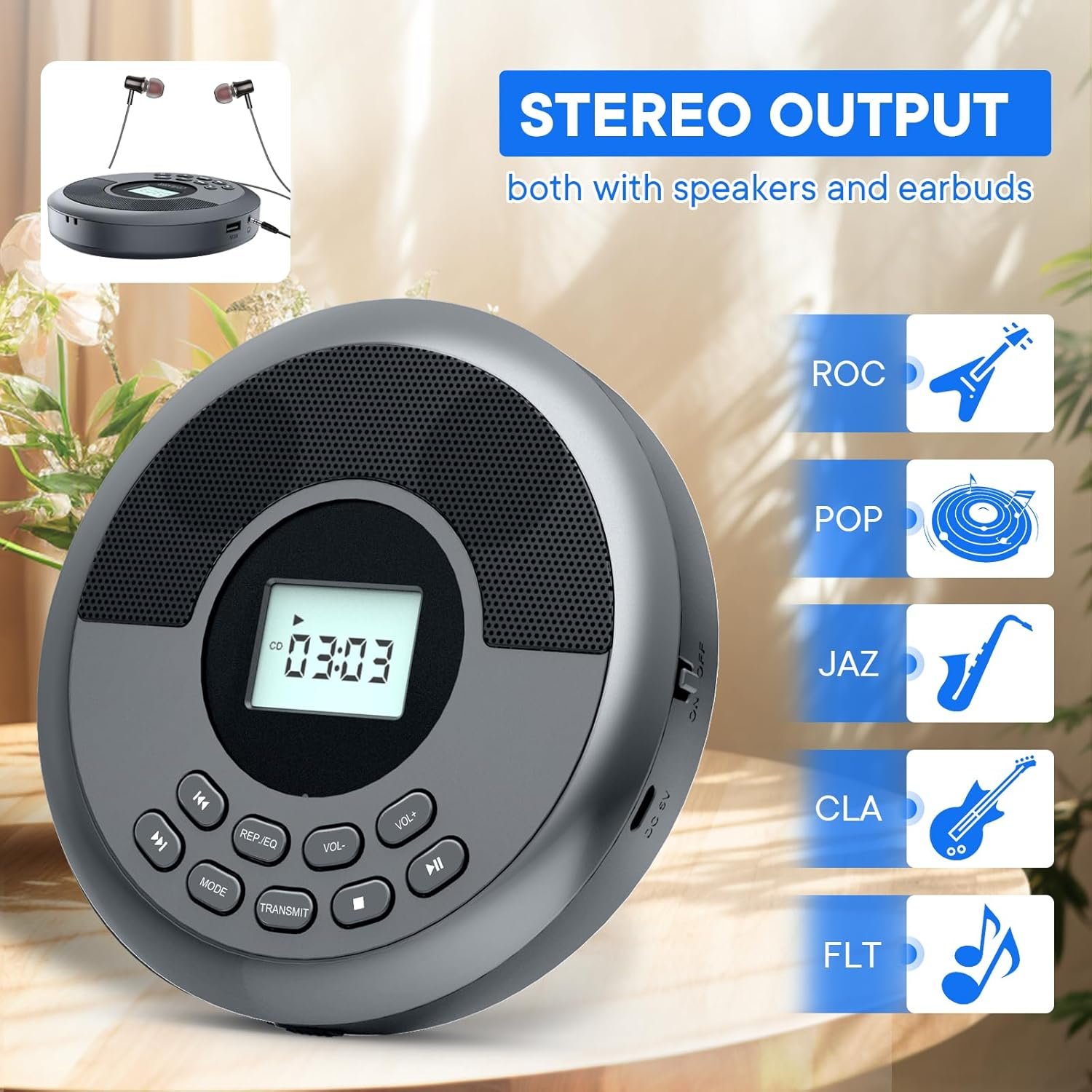 Portable CD Player with Bluetooth,Rechargeable CD Player for Car with Speakers,Walkman CD Player with Headphones and Anti-Skip Protection,Discman with LCD Display,AUX Cable. - Image 4