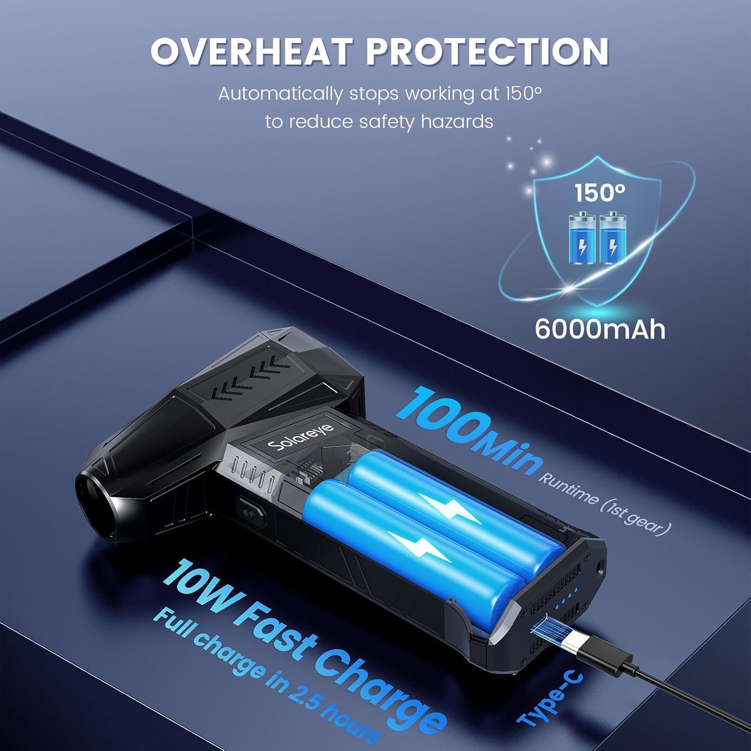 Solareye Compressed Air Duster - 180000RPM Electric Air Duster - Cordless Air Blower Rechargeable - 3 Gears Adjustable Jet Dry Blower with Brushless Motor for Cleaning Keyboard, PC, Car, Home, Outdoor - Image 6