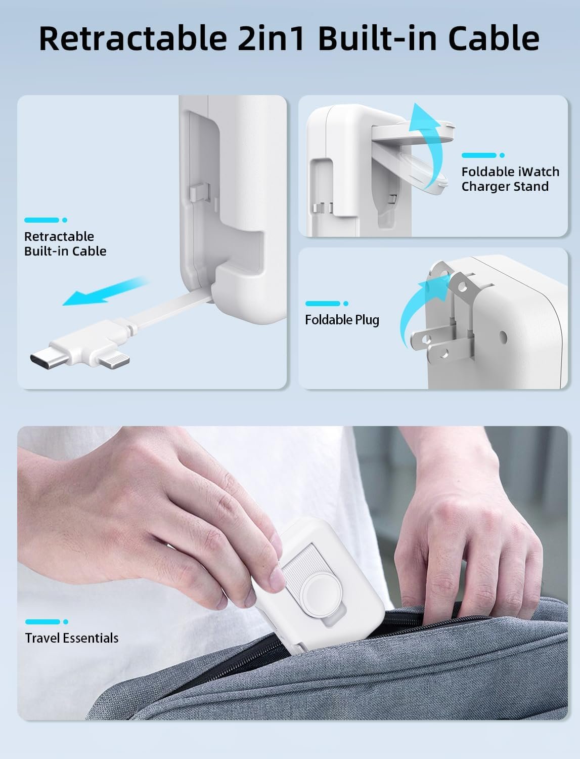 2in1 Apple Watch Charger, 36W Retractable Charger for iPhone Apple Watch,Travel Charging Block Wall Charger Compatible with iPhone 15/14/13/12/11 Apple Watch (White) - Image 4