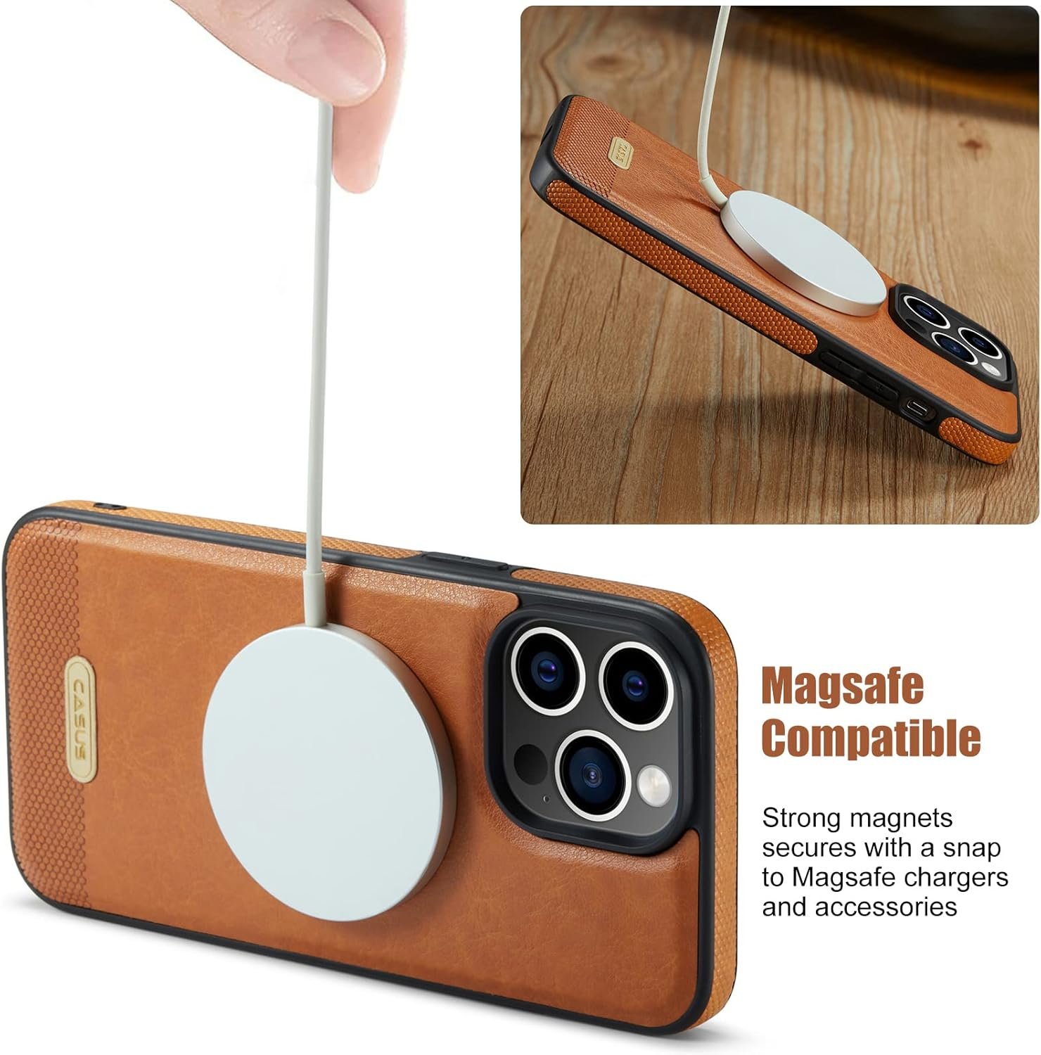 Casus Designed for iPhone 15 Pro Max Case Compatible with MagSafe Leather Slim Logo View Luxury Elegant Thin Cover with Tempered Glass Screen Protector (2023) - Brown - Image 4