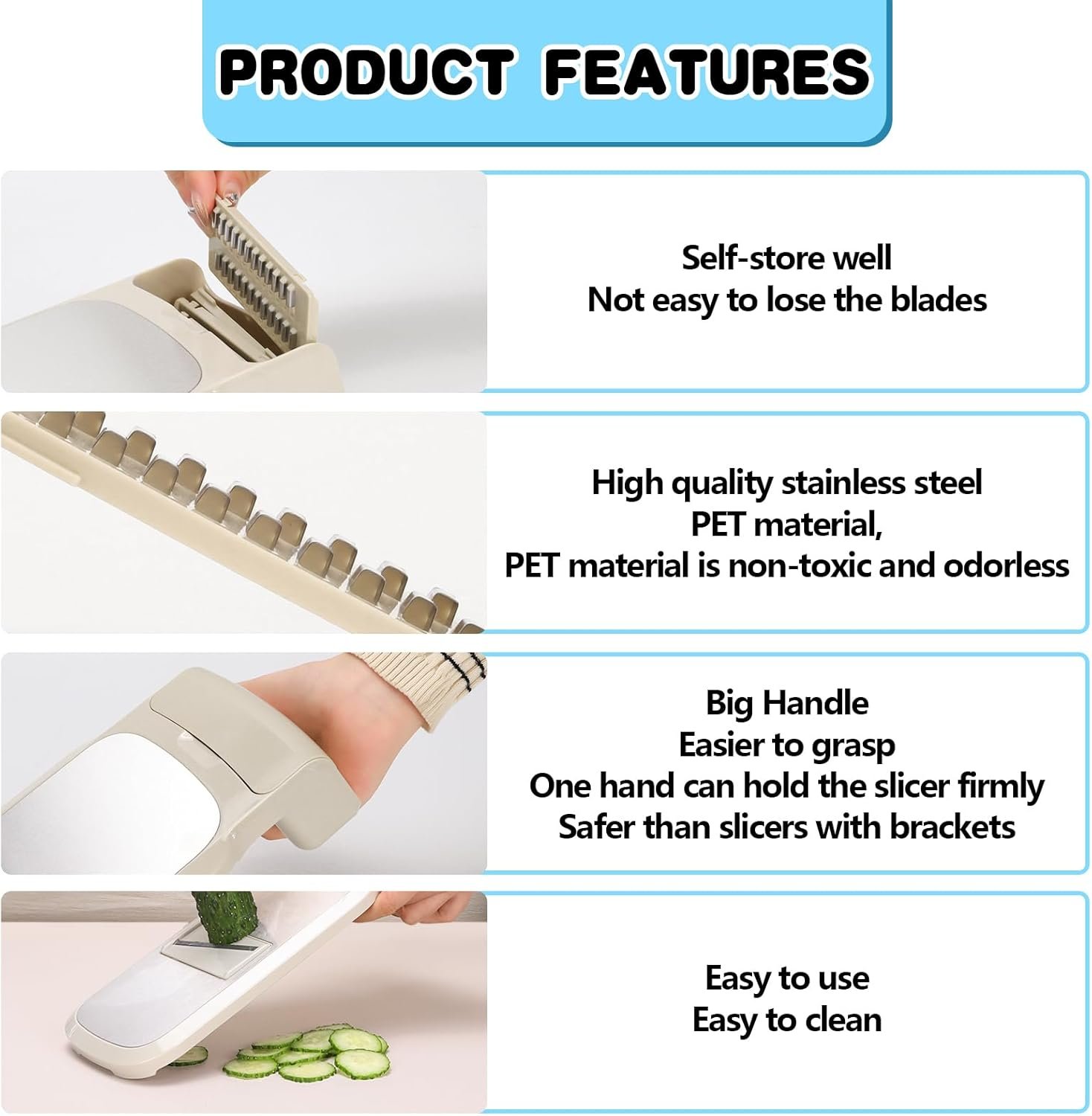 PRENTISS 5 in 1 Adjustable Mandoline Food Slicer for Kitchen Removable Blade Grip Handle Multipurpose Mandoline Chopper Potato Slicer Fruit Vegetable Cheese Onion Slicer Maker Grater(Khaki) - Image 5