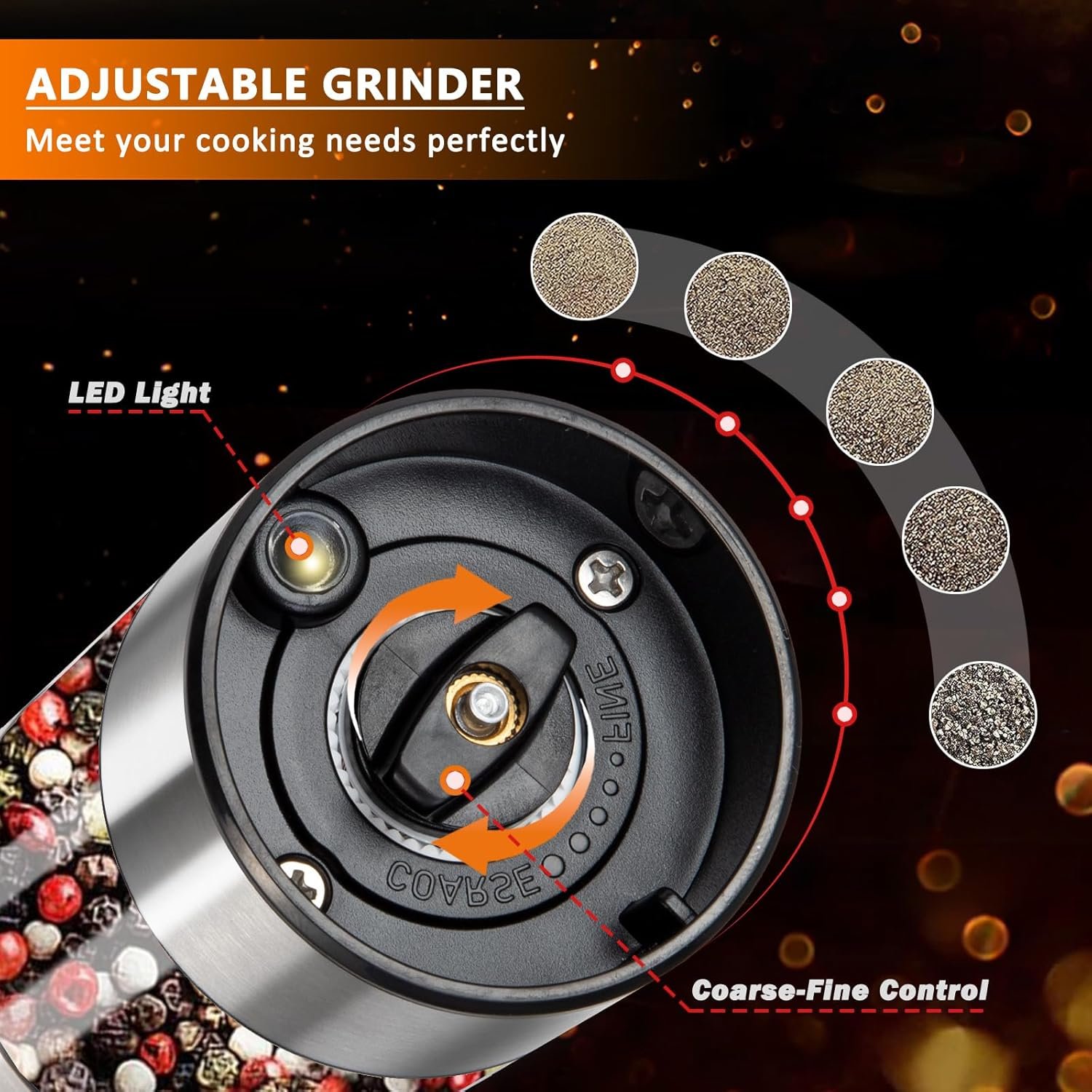 Electric Salt and Pepper Grinder Set(2 Pack), SDMXSE Rechargeable Stainless Steel Automatic Mills with Adjustable Coarseness, LED Light, Refillable Electric Salt Shakers for Kitchen, Silver - Image 5