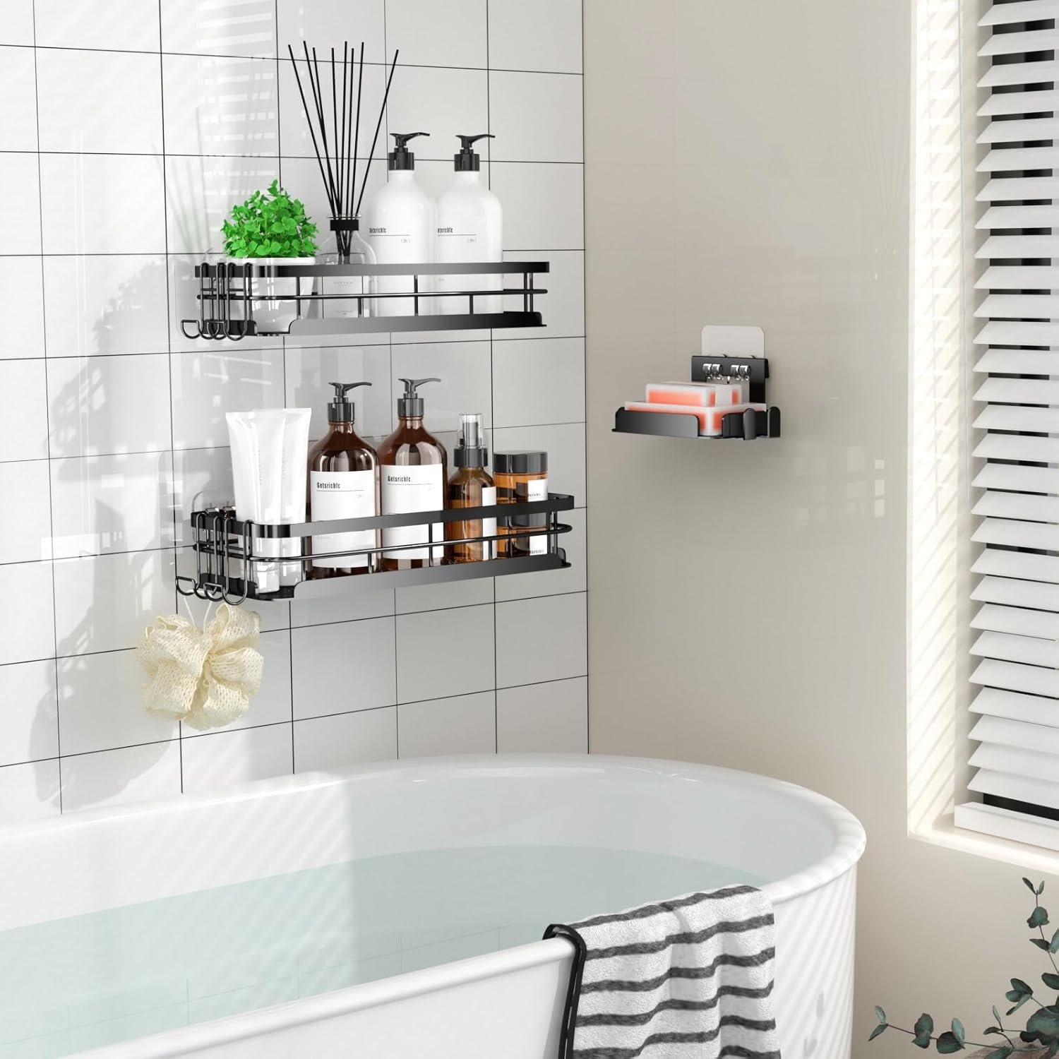 Corner Shower Caddy 3 Pack, Large Size Shower Shelves with Soap Holder Adhesiveand 4 N-Shaped Hook, Rustproof Stainless Steel Bathroom Accessories Organizer, No Drilling Wall Mounted Rack - Image 6