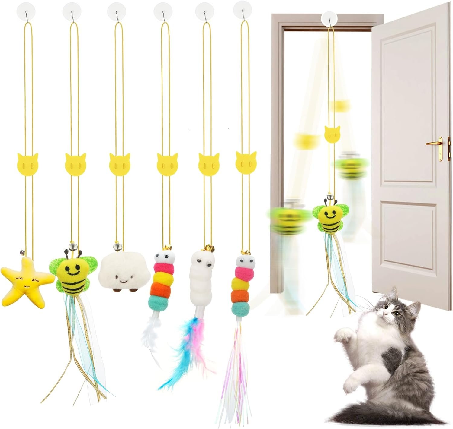 6 PCS Interactive Cat Feather Toys, Indoor Hanging Retractable Cat Toy, Self Play Toys Make Fun Excecise - Image 2