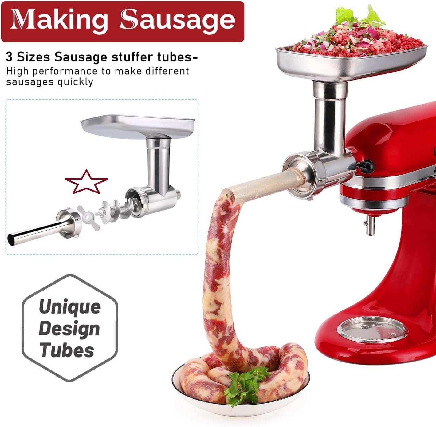 Stainless Steel Food Grinder Attachment for KitchenAid Mixers, Dishwasher Safe, Strong Meat Processor Accessories Included 3 Sausage Stuffer Tubes - Image 5