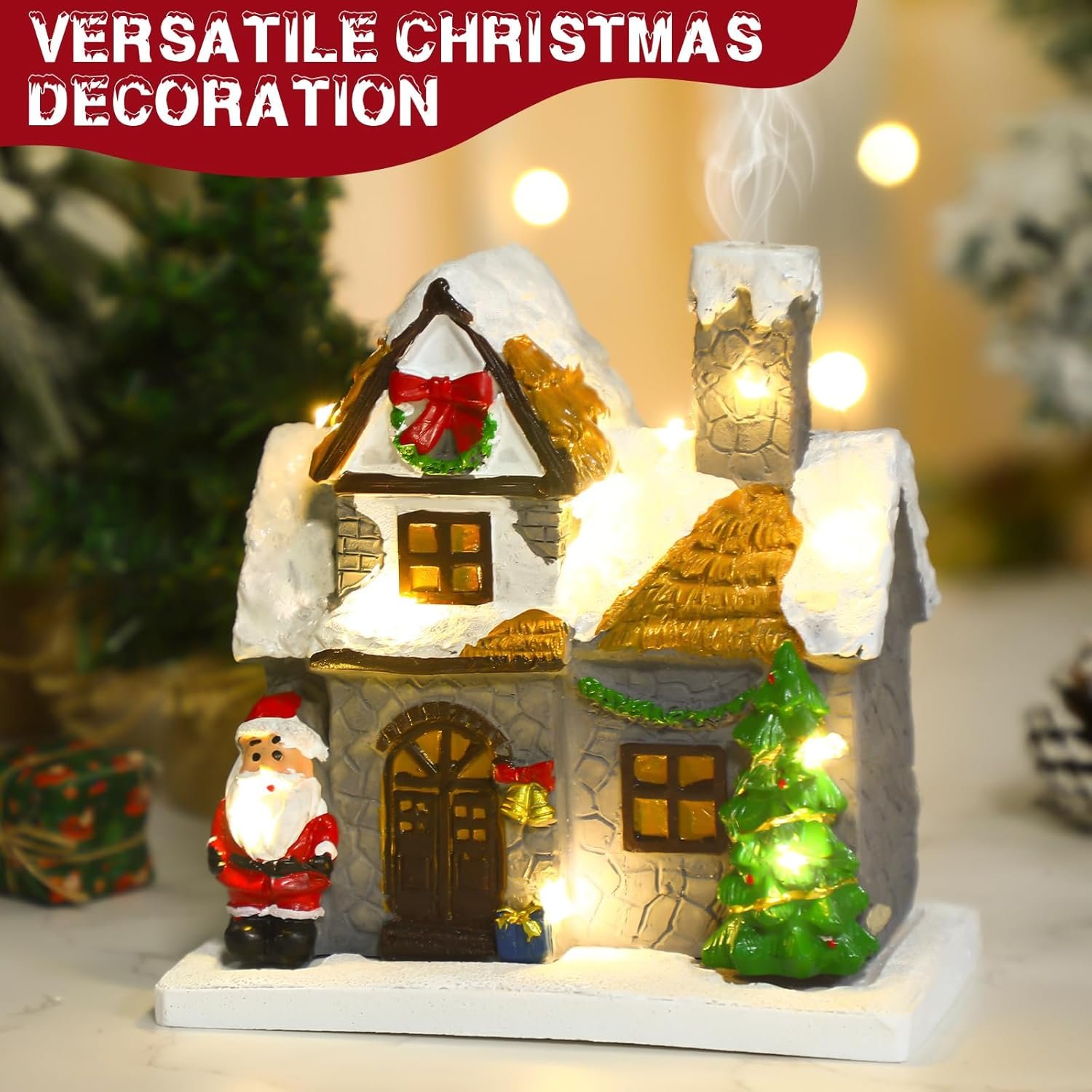 6.1 Inch Christmas Incense Burner Village House with Light String Resin Backflow Incense Holder Gift Cabin Winter Snowy Town with Xmas Tree Snowman for Fireplace Tabletop Decor(Simple) - Image 4