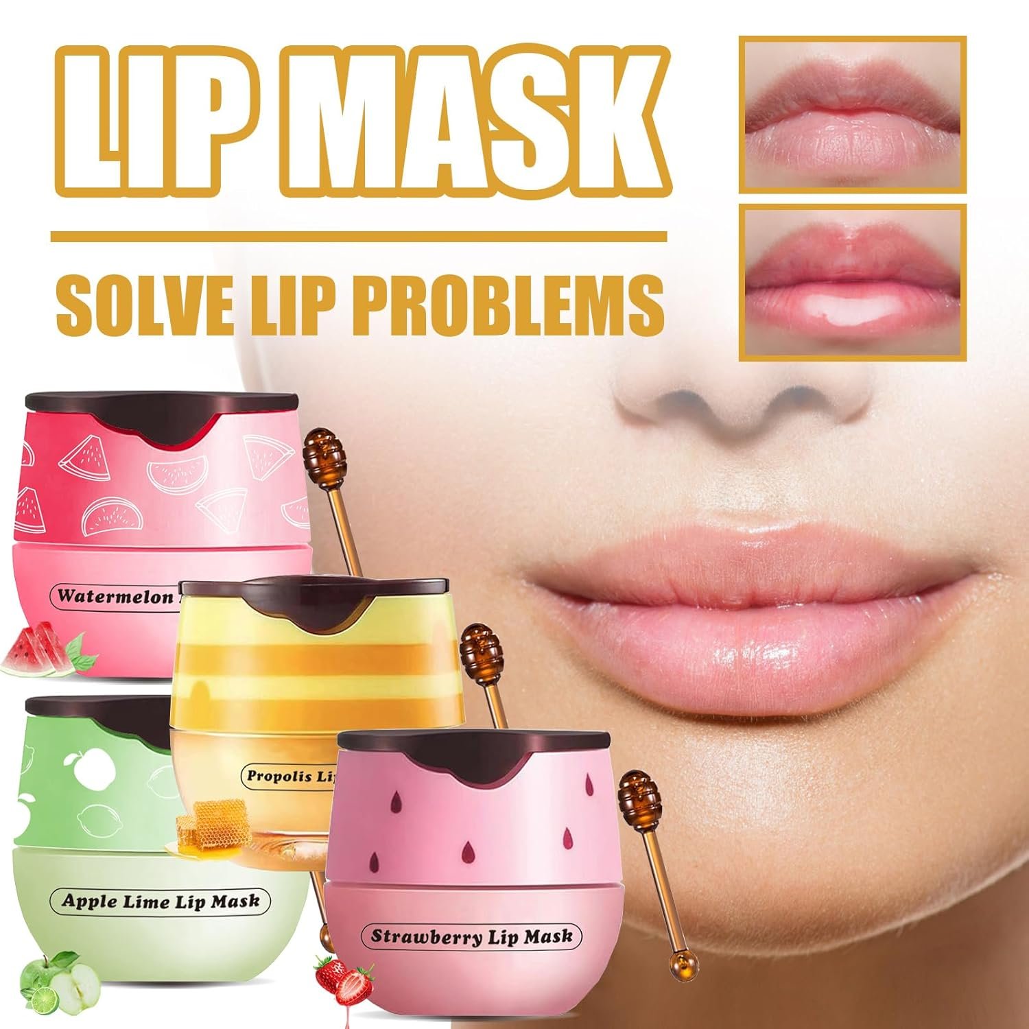 4 Pcs Honey Lip Balm, Strawberry Apple Watermelon Lip Mask, Moisturizing Lip Sleeping Mask, Hydrate Repair Prevent Dry Cracked Lip (Honey+Strawberry+Apple Lime+Watermelon) - Image 3