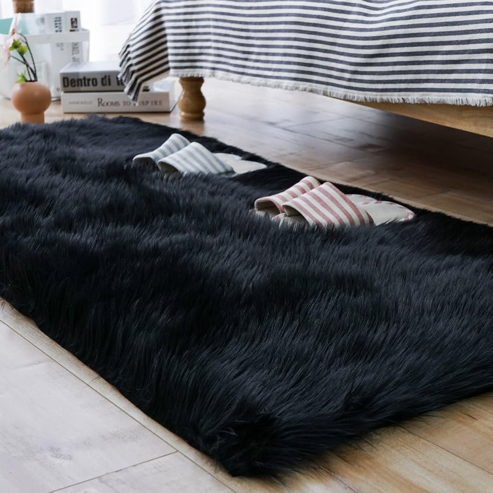 Carvapet Luxury Soft Faux Sheepskin Fur Area Rugs for Bedside Floor Mat Plush Sofa Cover Seat Pad for Bedroom, 2.3ft x 5ft,Black - Image 2