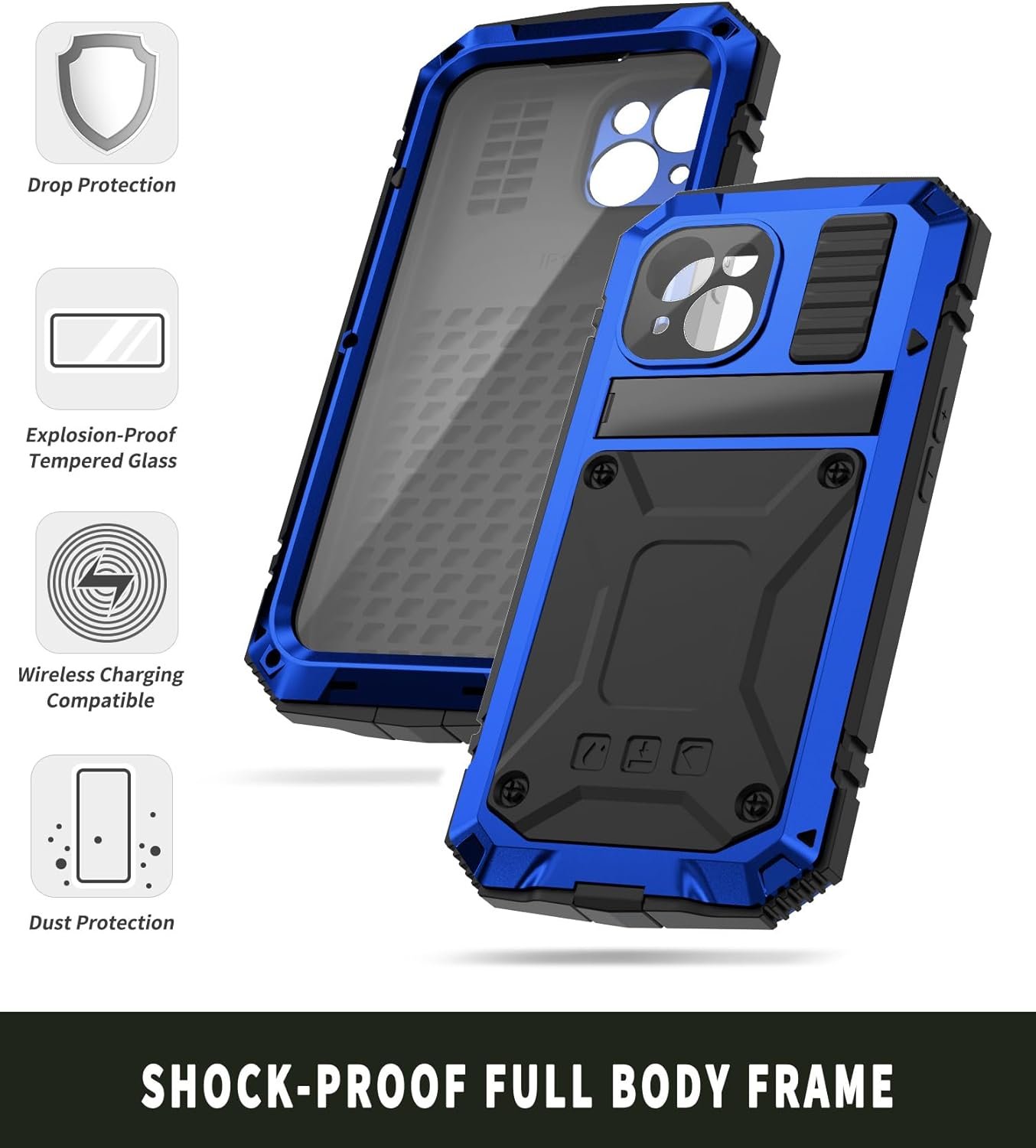 Compatible with iPhone 15 Pro Max Metal Case with Screen Protector Camera Protector Military Rugged Heavy Duty Shockproof Case with Metal Kickstand Full Body Tough Dustproof Case(Blue) - Image 2