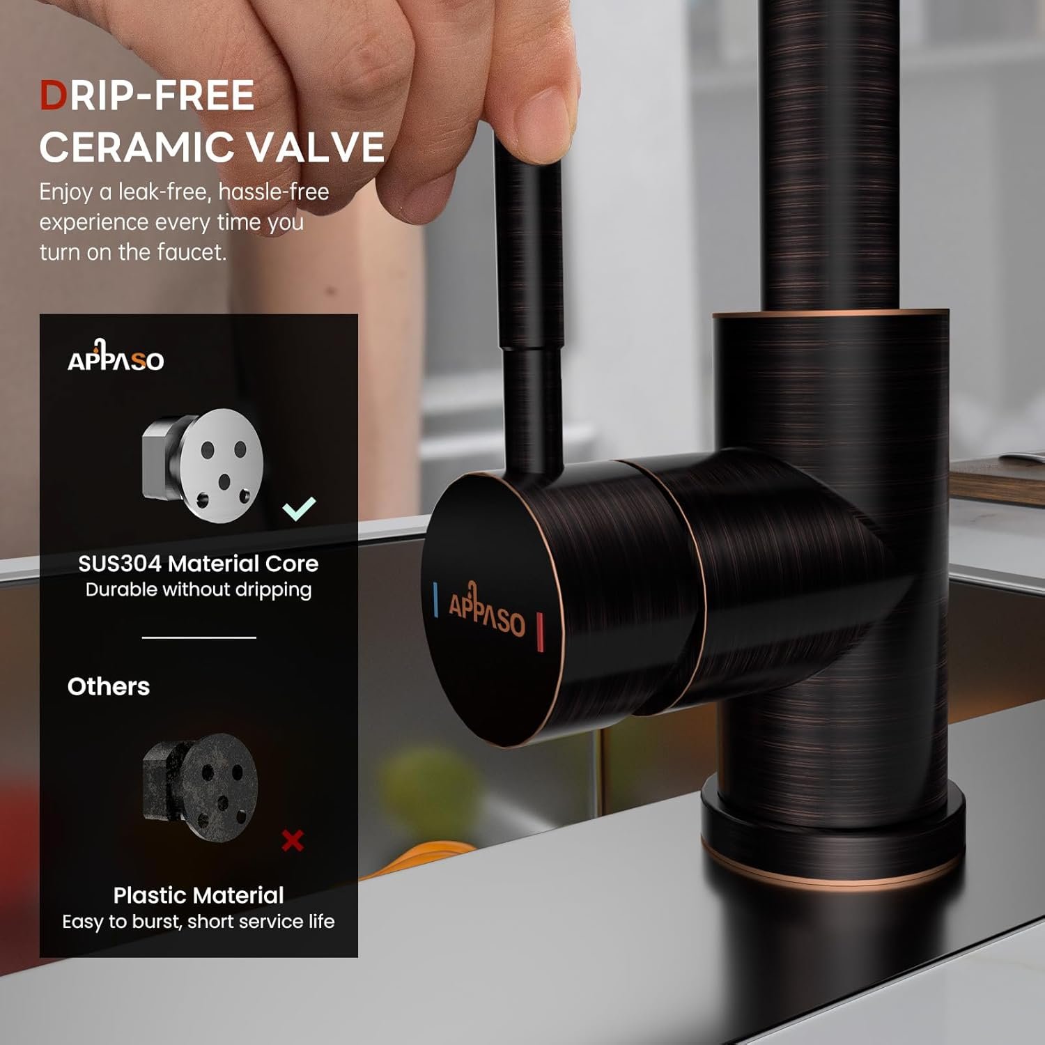 APPASO Bronze Kitchen Faucet with Pull Down Sprayer (3 Modes), Oil Rubbed Bronze High Arc Kitchen Faucet, 304 Stainless Steel 360° Swivel Kitchen Sink Faucet Single Handle Single Hole - Image 4