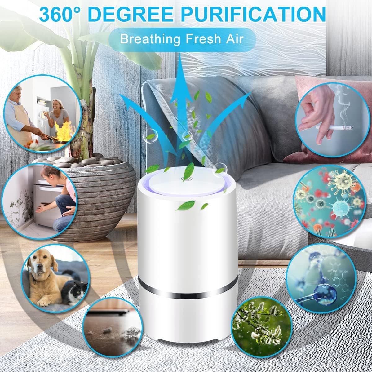 Air Purifier for Home with True HEPA Filters,Low Noise Portable Air Purifiers with Night Light,Desktop USB Air Cleaner - Image 3