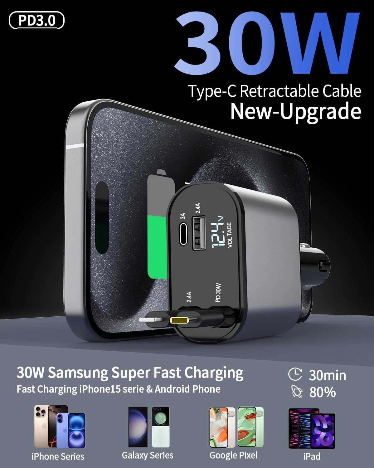 Retractable Car Charger, 4 in 1 Fast Car Phone Charger 66W, 2 Retractable Cables and USB Car Charger, Compatible with iPhone 16/15/14/13/12/11,Galaxy,Pixel - Image 5