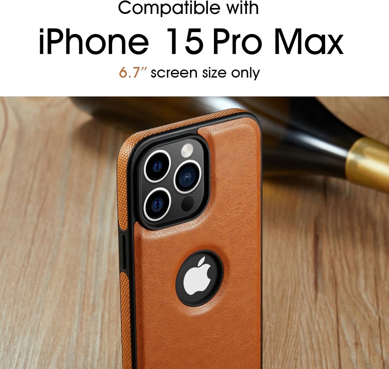 Casus Designed for iPhone 15 Pro Max Case Compatible with MagSafe Leather Slim Logo View Luxury Elegant Thin Cover with Tempered Glass Screen Protector (2023) - Brown - Image 3