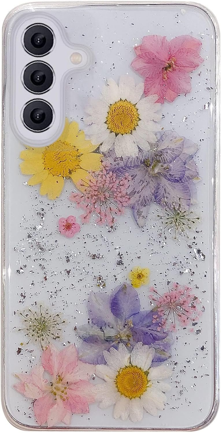 EYZUTAK Case for Samsung Galaxy A14 5G, Bling Glitter Sequin Handmade Real Dried Flower Leaf Clear Aesthetic Case Embedded Pressed Floral Soft Rubber Gel TPU Protective Bumper Cover - Blue+Pink - Image 7