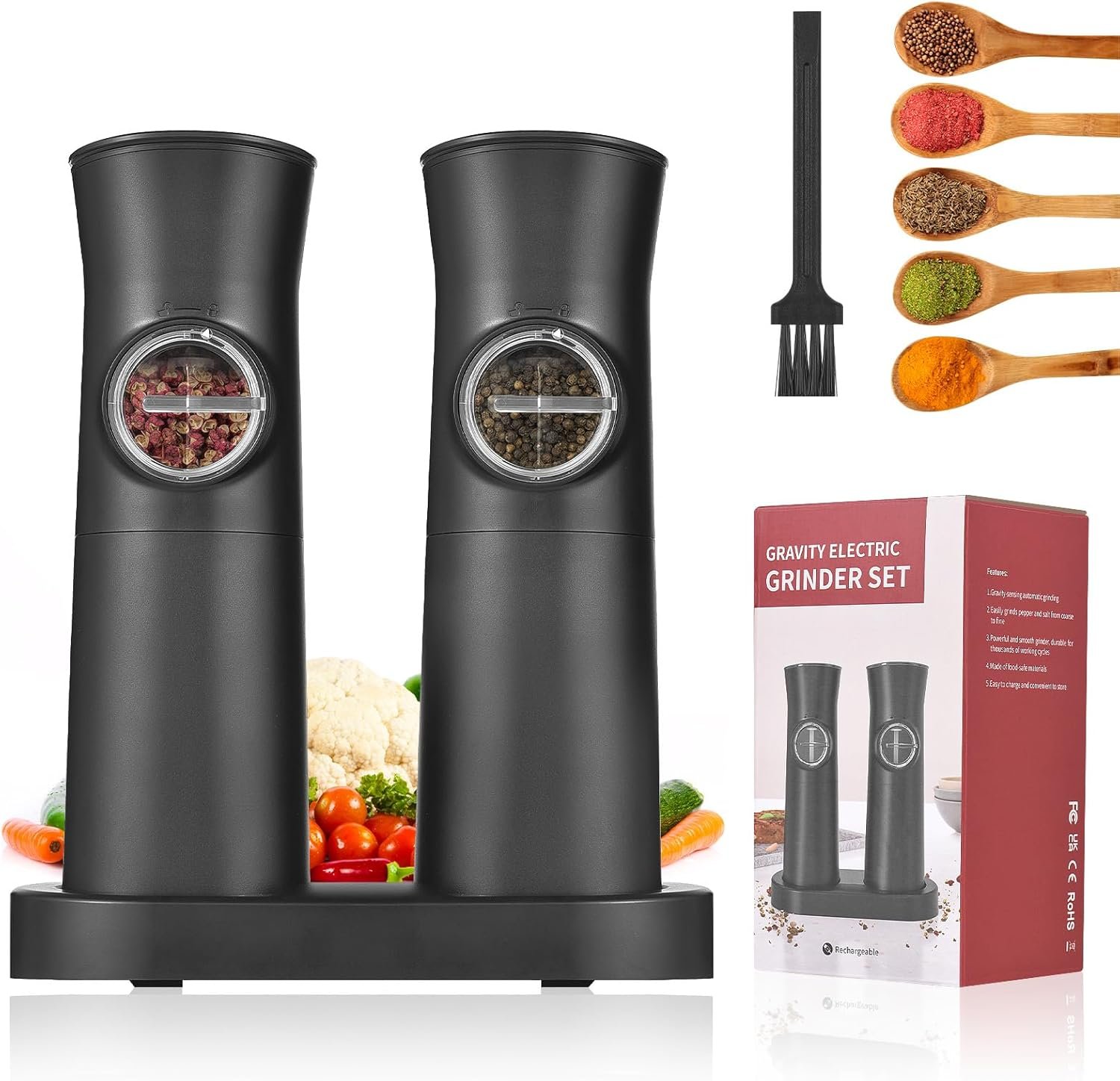 AORESAC Gravity Electric Salt and Pepper Grinder Set, Rechargeable Automatic Salt & Pepper Mill Grinder with Adjustable Coarseness, One Hand Operation, LED Light, Dustproof Cover, 2 Pack - Image 2