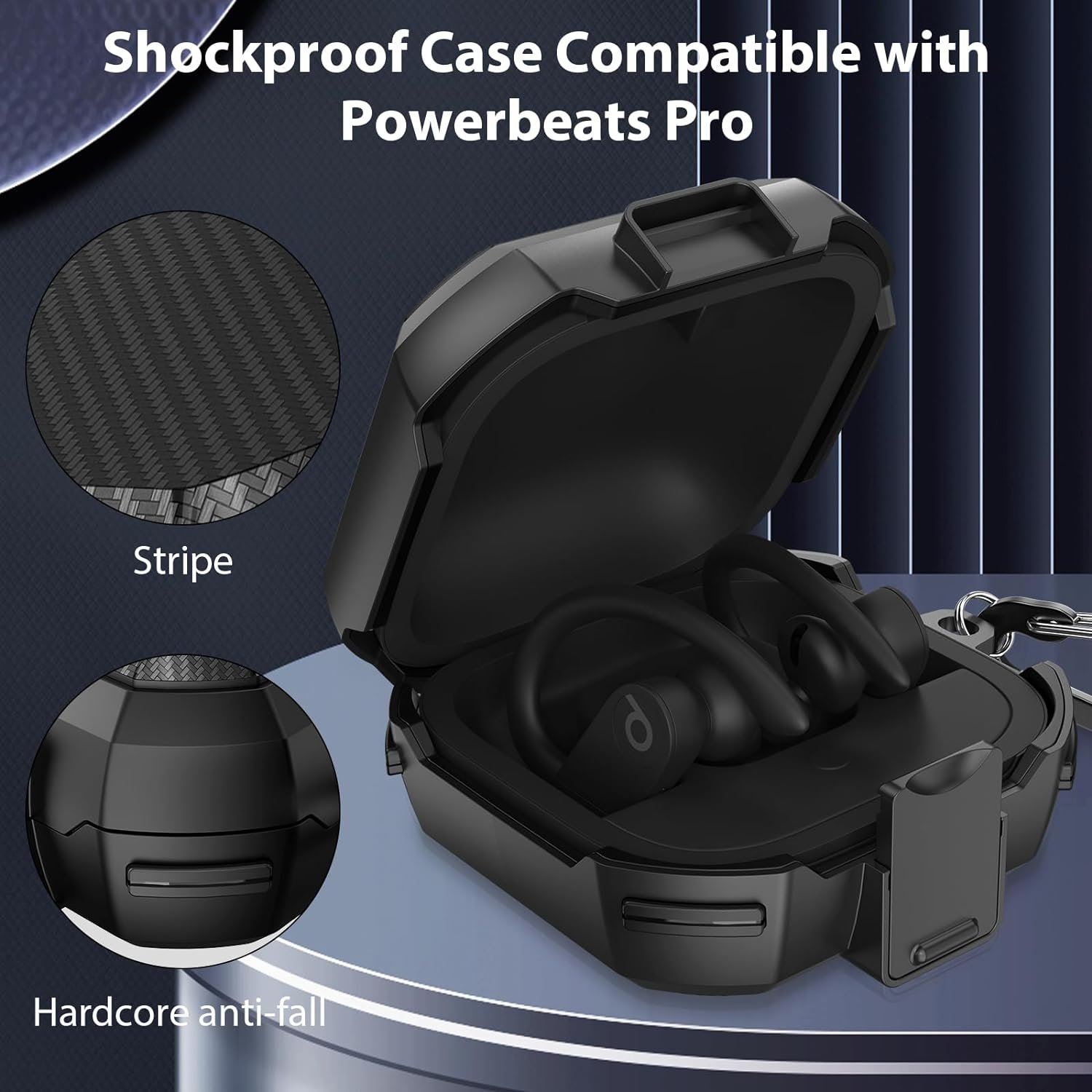 Powerbeats Pro Case Cover, Military Carbon Fiber Compatible with Powerbeat Pro Case, Four-Corner Wrapping and Safety Lock 360° Protect Your Powerbeats Pro (Black) - Image 4