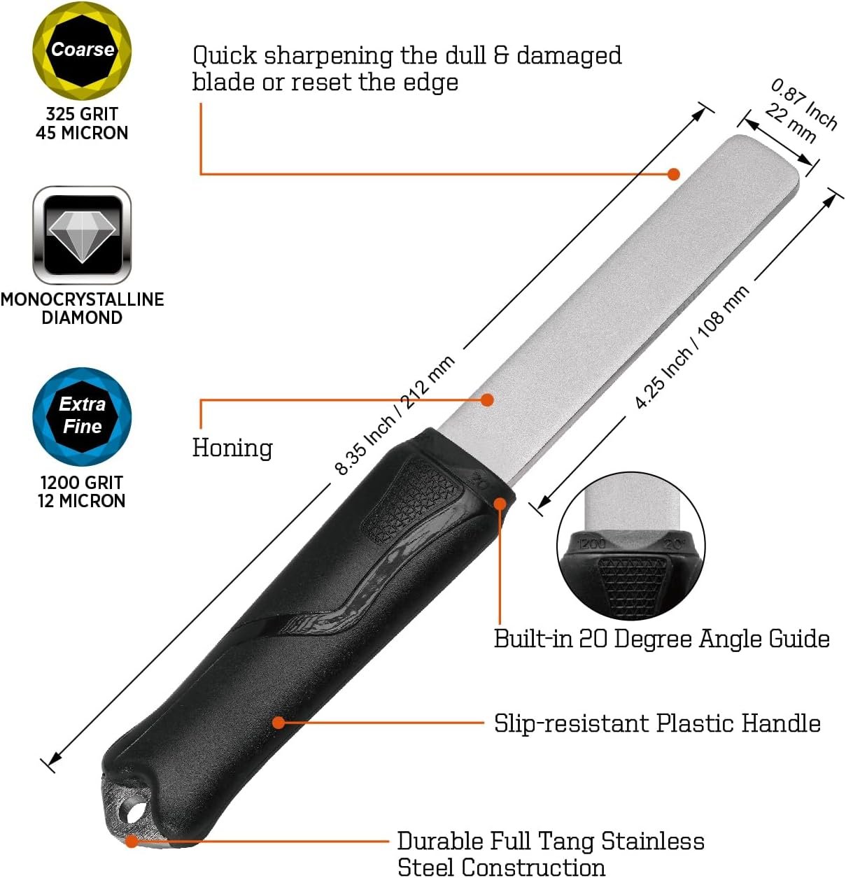 SHARPAL 121N Dual-Grit Diamond Sharpening Stone File Garden Tool Sharpener Coarse 325 / Extra Fine 1200 Grit for Sharpening Knife, Axe, Hatchet, Lawn Mower Blade, Loppers, Chisels, Spade, Drills - Image 3