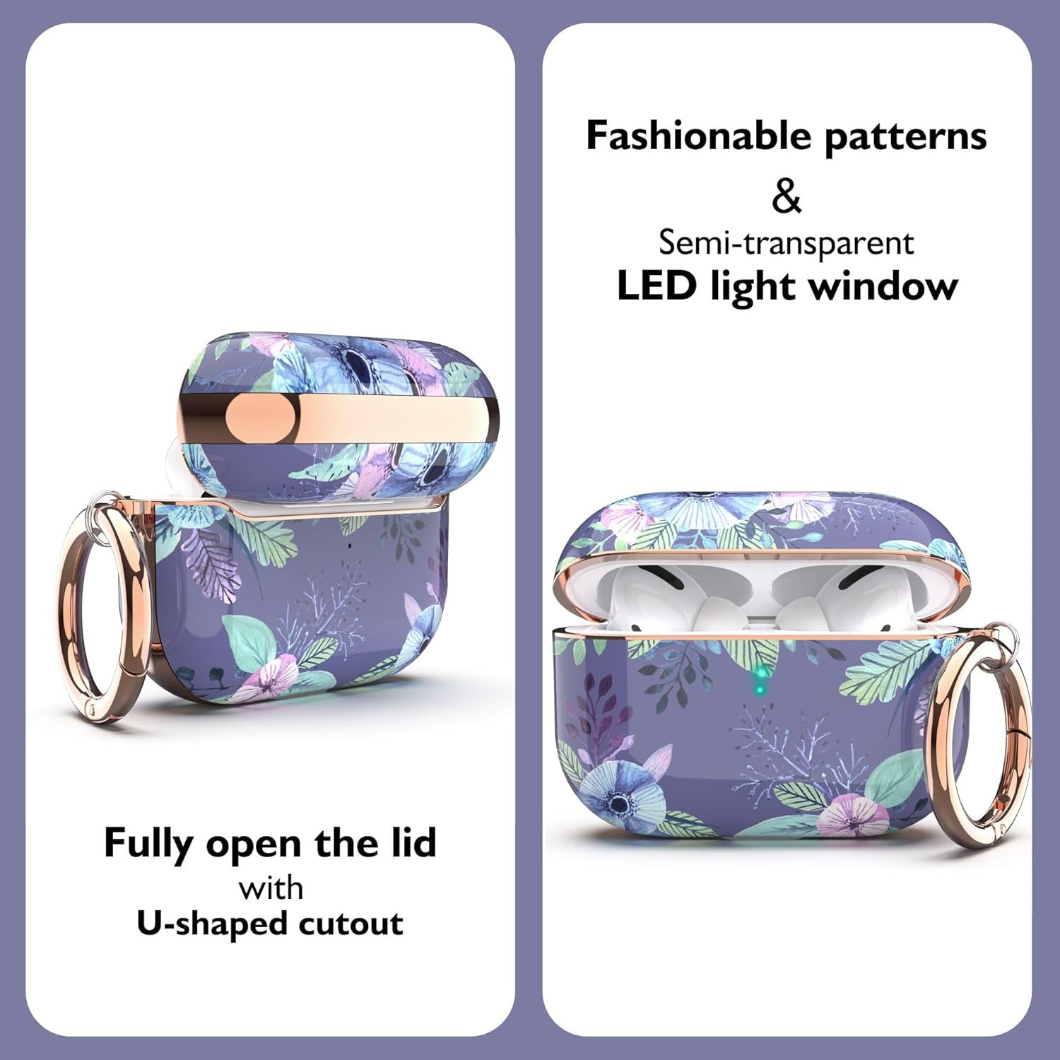 TATOFY Case Cover for AirPods Pro 2019,Stylish AirPods Pro Case for Women Girls, Flower Patterns Protective Hard Case with Clip (Purple) - Image 5