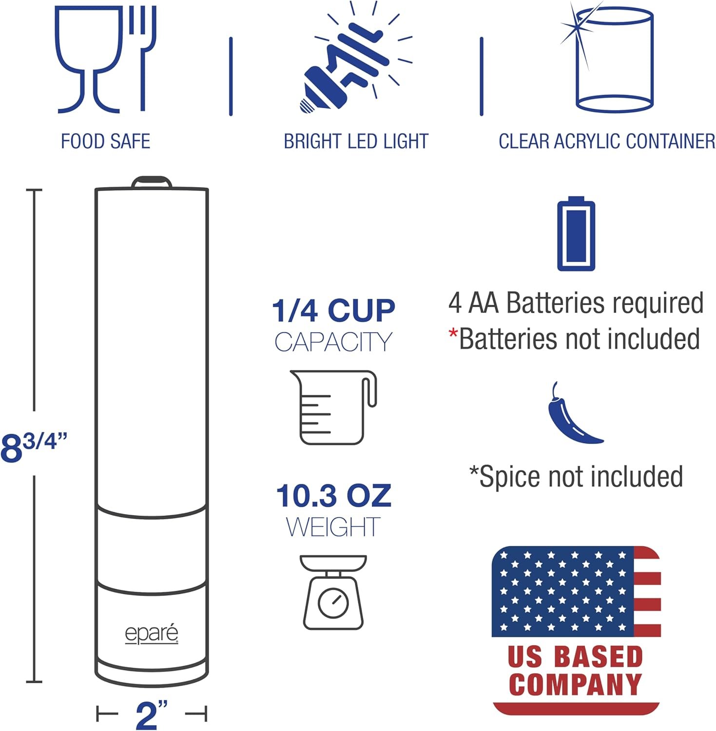 Electric Salt and Pepper Grinder Mill - Battery Operated Ceramic Burr Pepper Grinder Refillable - Automatic Stainless Steel Salt and Pepper Grinders - Pepper Mill Grinder With LED Light by Eparé - Image 8