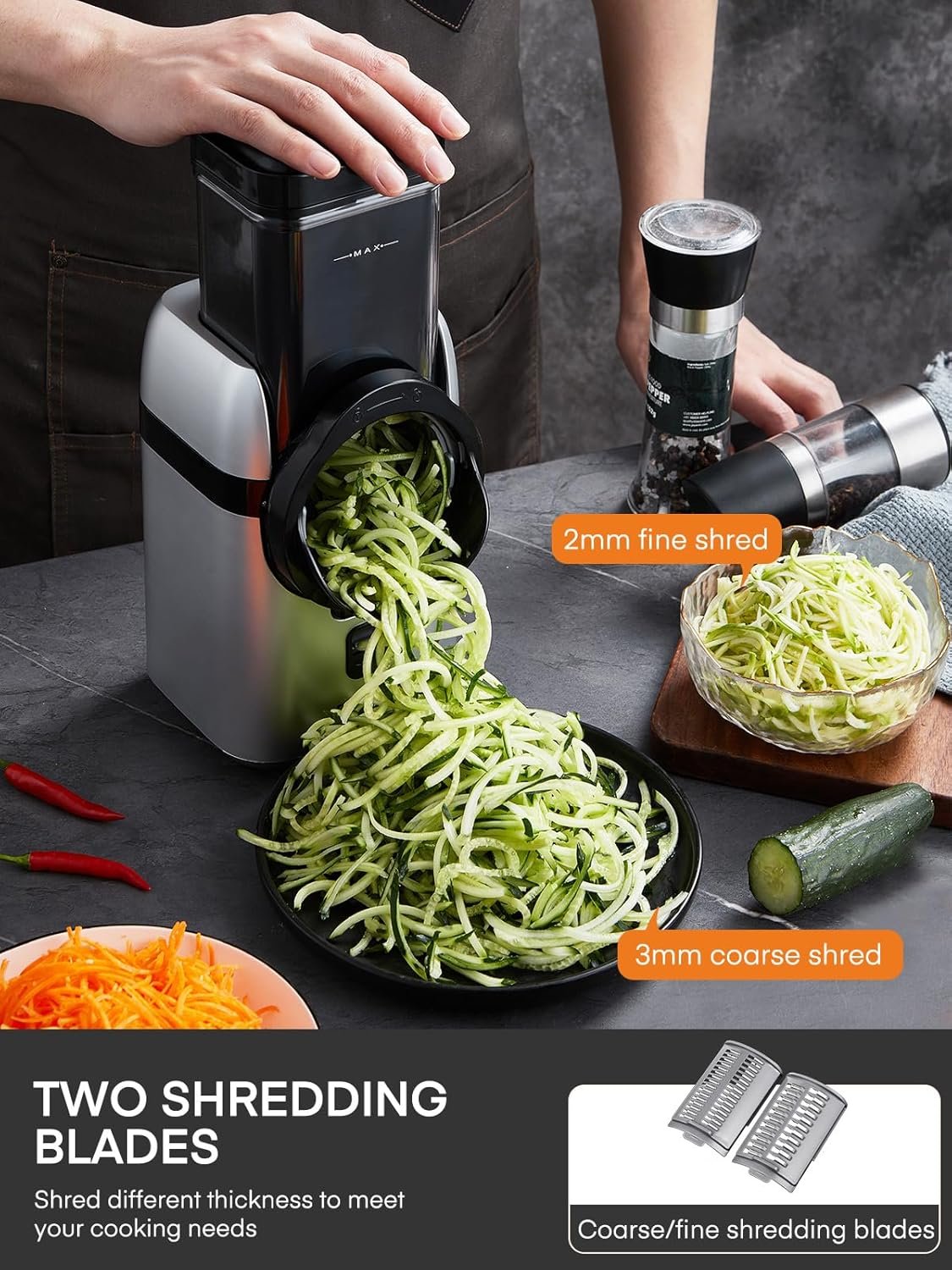 FOHERE Electric Cheese Grater, Large Feed Chute Electric Grater Vegetable Shredder with Multi Replaceable Blades and Storage Box, 5 in 1 cheese slicer for Whole Potatoes, Cheese and Nuts - Image 8