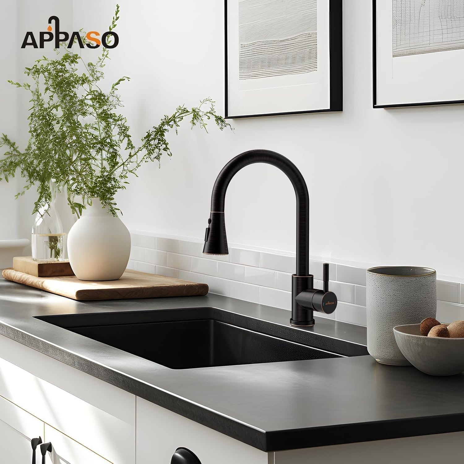 APPASO Bronze Kitchen Faucet with Pull Down Sprayer (3 Modes), Oil Rubbed Bronze High Arc Kitchen Faucet, 304 Stainless Steel 360° Swivel Kitchen Sink Faucet Single Handle Single Hole - Image 6