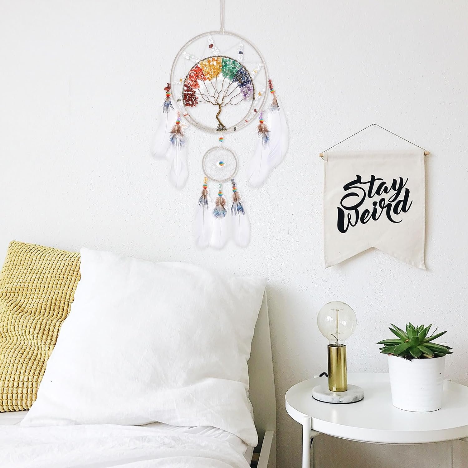 7 Chakras Tree of Life Dream Catcher Wall Decor with Rainbow Healing Crystal Stone Handmade White Feather DreamCatchers Wall Hanging Ornaments for Bedroom Home Decor Blessing Gift Wedding Party-23.6" - Image 8