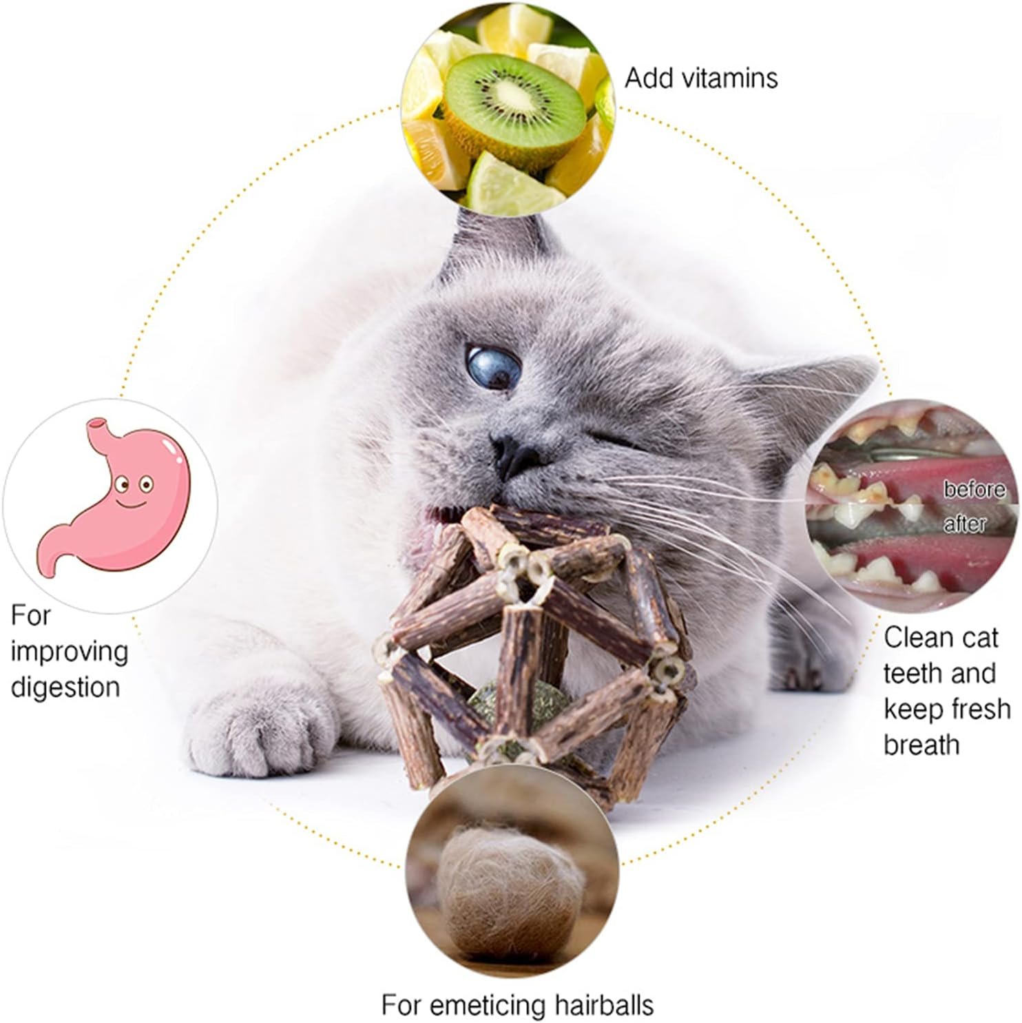 Catnip Toys-2Pcs Natural Silvervine Stick Catnip Ball&Bell Ball-Cat Toys for Indoor Cats- Cleaning Teeth Molar Tools Matatabi Cat Chew Toy-Kitten Toys All Breeds - Image 3