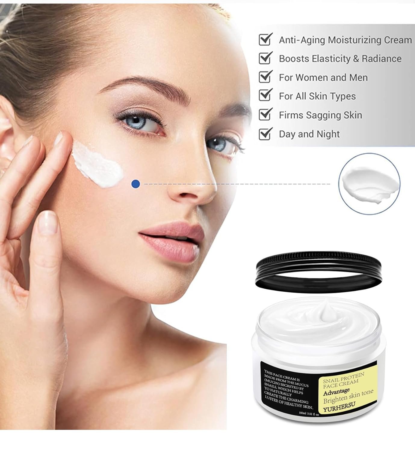 Snail Mucin Moisturizing Lifting Firming Cream, 92% Snail Collagen Essence, Anti-Wrinkle Face, Hydrating Serum Shrink Pores Acne, Daily Facial Repair Gel for Dry & Sensitive Skin; 3.52 fl oz - Image 3