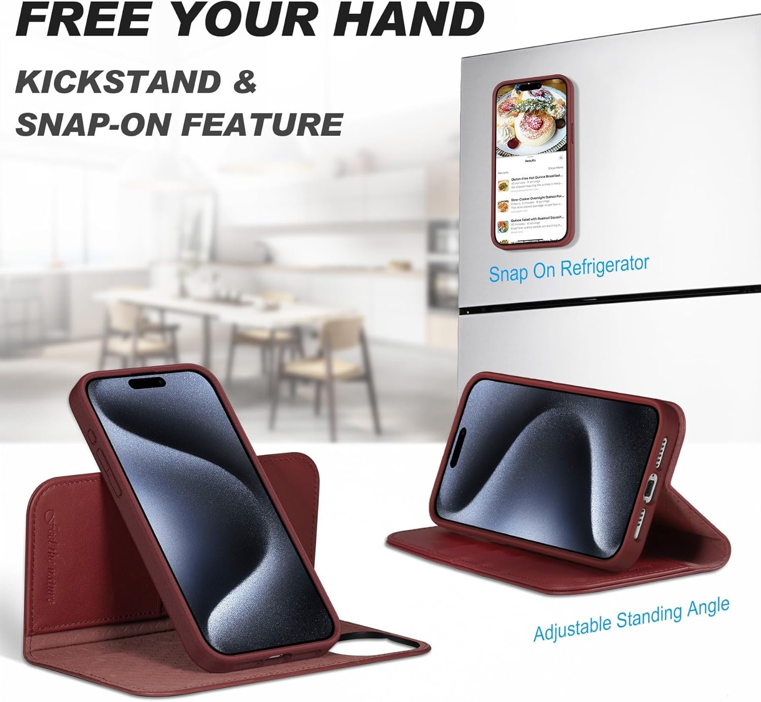 SHIELDON Case for iPhone 15 Pro Max 5G, Genuine Leather Detachable Wallet Kickstand RFID Blocking Card Holder Magnetic Shockproof Wireless Charging Case Compatible with iPhone 15 Pro Max - Wine Red - Image 6