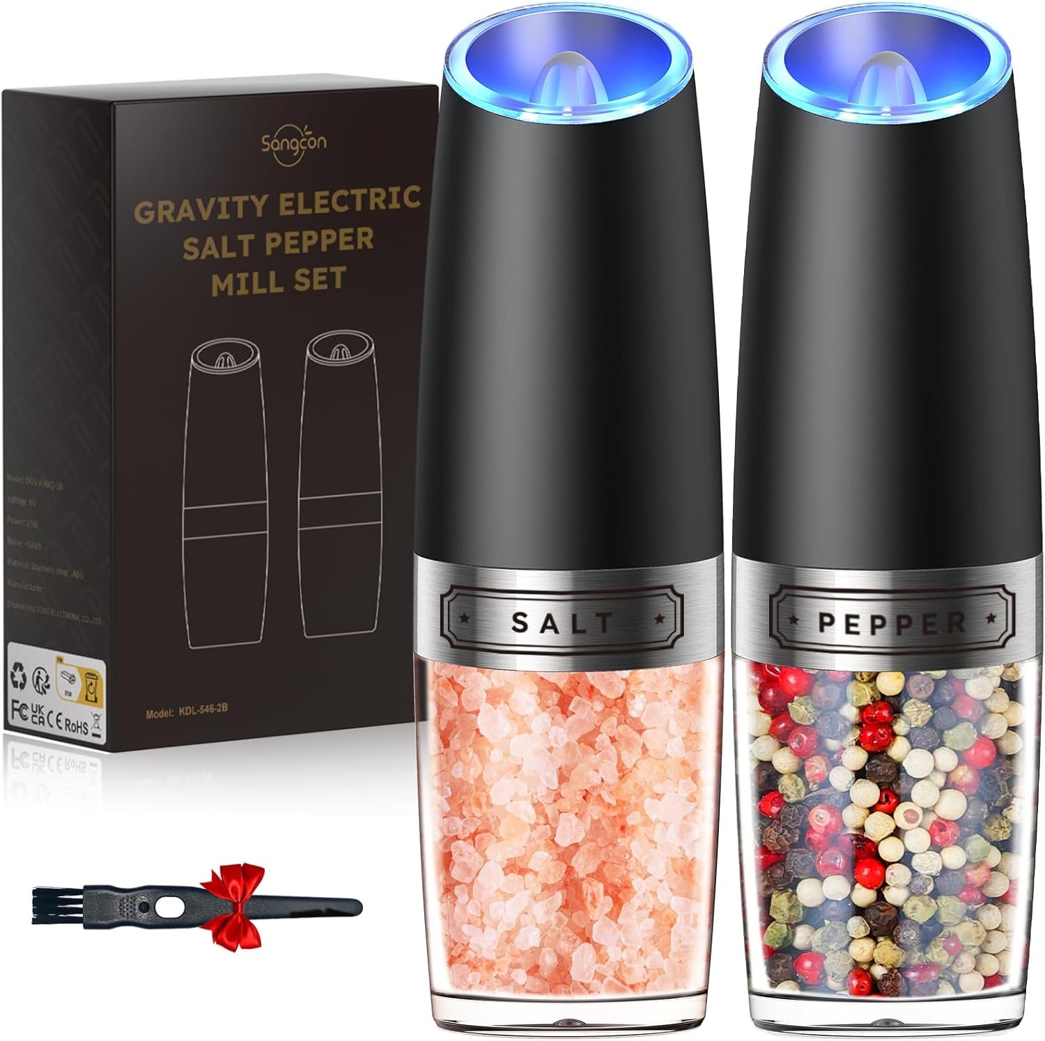 Sangcon Gravity Electric Salt and Pepper Grinder Set Automatic Shakers Mill Grinder with LED Light, Battery Powered Adjustable Coarseness One Hand Operation, Upgraded Larger Capacity - Image 2