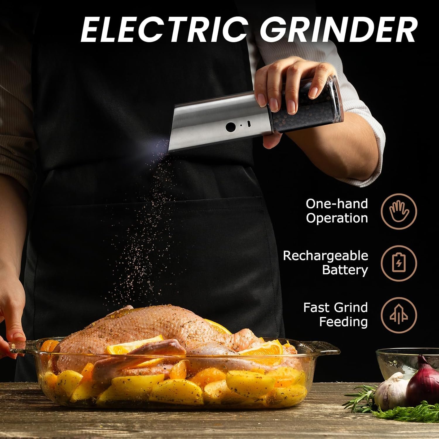 VEVOK CHEF Electric Salt and Pepper Grinder Set Rechargeable with LED Light USB Automatic Gravity Stainless Steel Pepper Mill Spice Grinder Adjustable Coarseness - Image 3