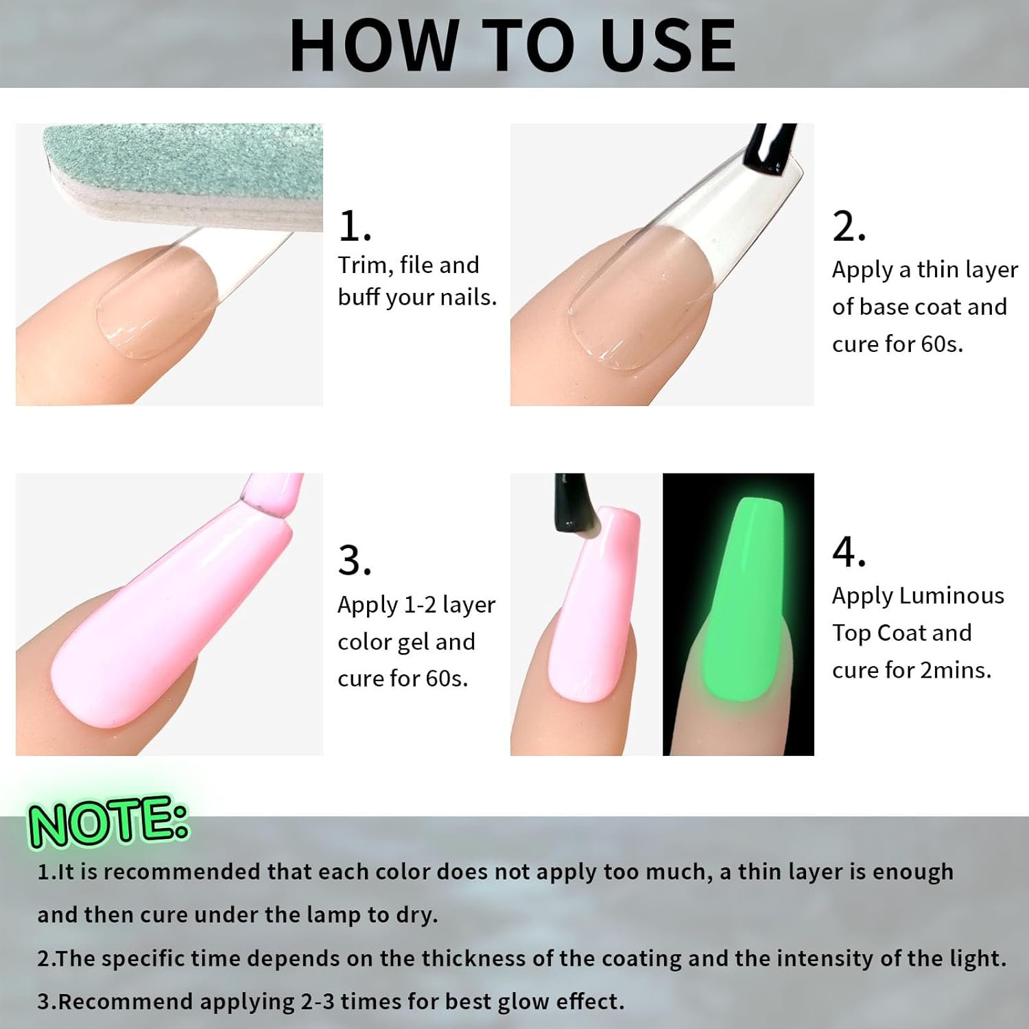 Glow In The Dark Gel, Glow Nail Gel Top Coat, Long-lasting Luminous Nail Gel Top Coat for Nail Art, Transparent Top Coat, UV LED Needed Perfect with Any Colors Salon Pro DIY Home - Image 8