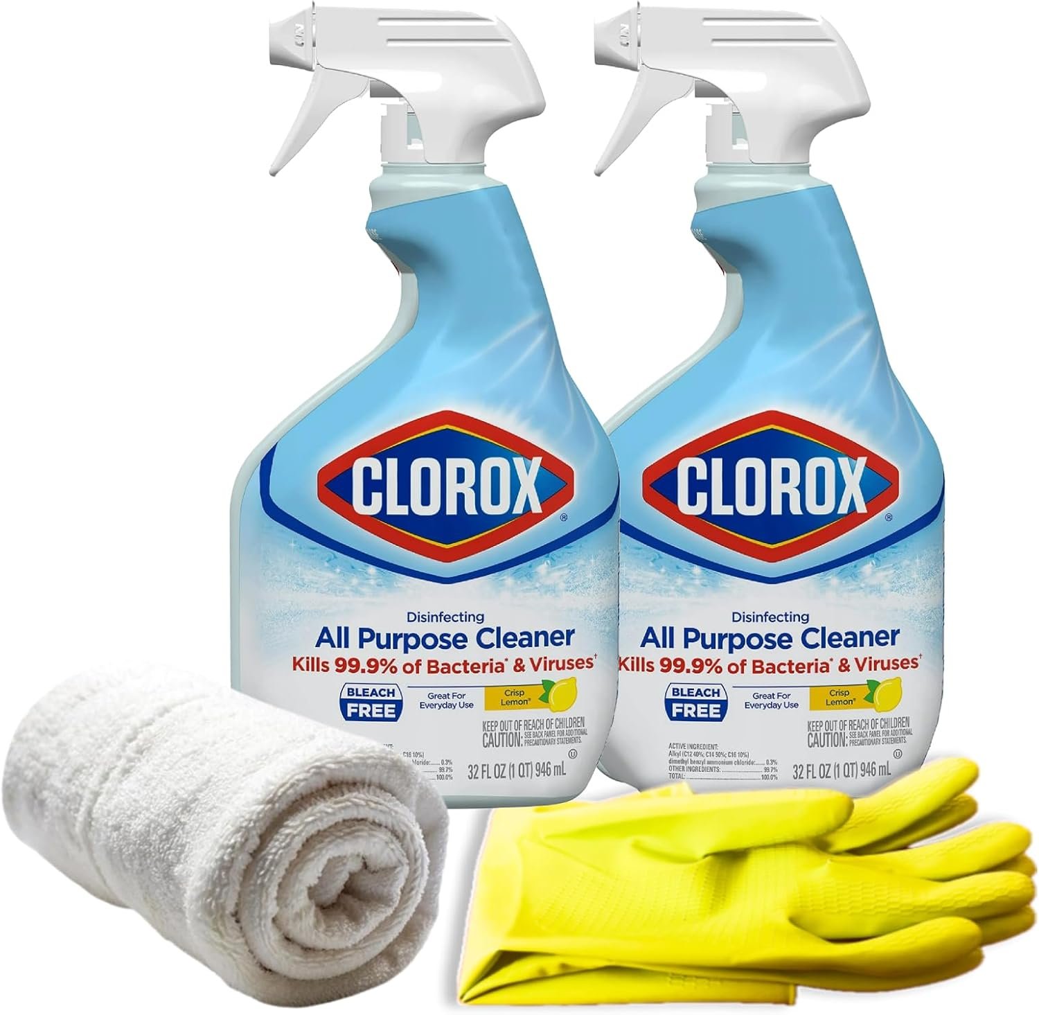 Disinfecting All Purpose Cleaner, Lemon Scent, 32 Fl Oz, Pack of 2 Bundle with Latex Gloves and Cleaning Cloths - Image 2