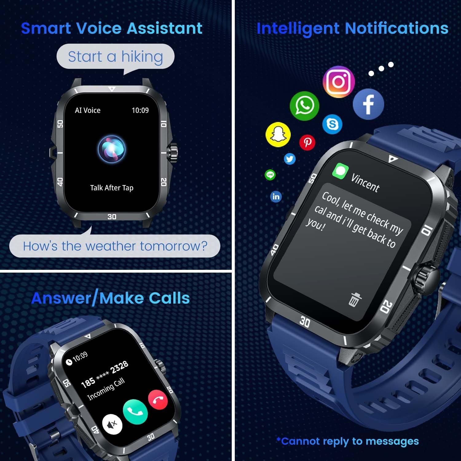Smartwatch for Men Fitness Smart Watch: 2.0 inch Blue Watch with Bluetooth Call Answer - Android iOS Compatible Military 3ATM Waterproof 100+ Sports Digital Activity Tracker Heart Rate Sleep Monitor - Image 4
