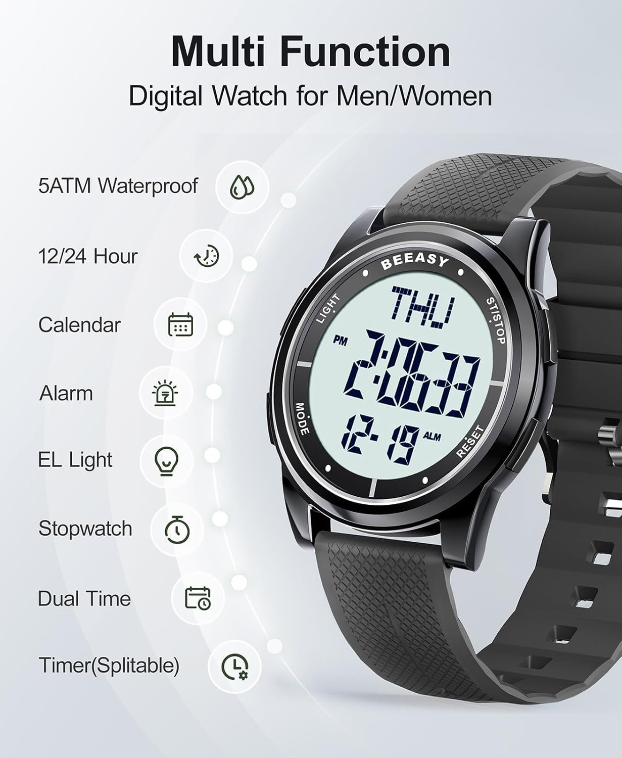 Beeasy Digital Watch Waterproof with Stopwatch Alarm Countdown Dual Time, Ultra-Thin Super Wide-Angle Display Digital Wrist Watches for Men Women - Image 4