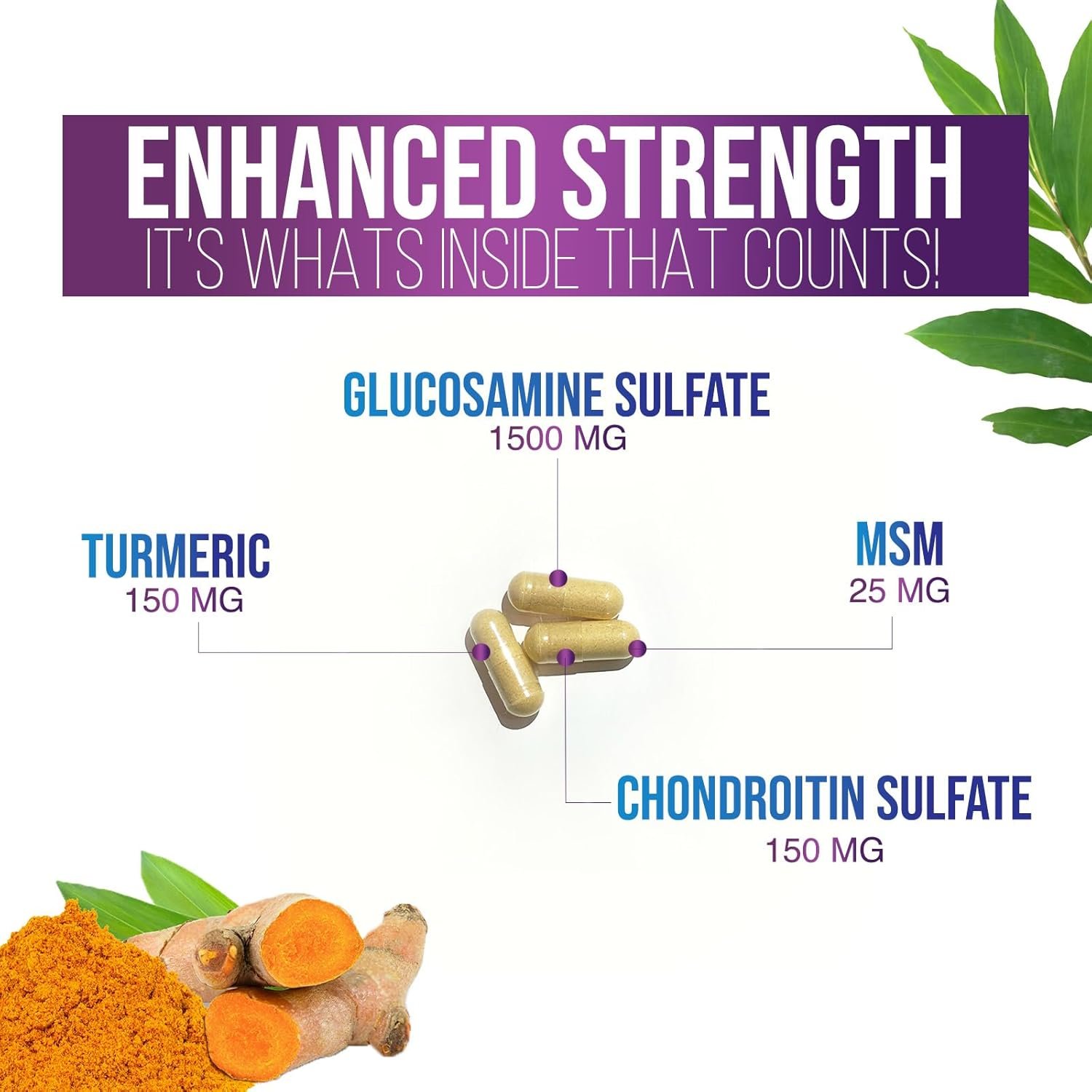 Glucosamine Chondroitin Supplements MSM Complex - Joint Support with Turmeric, Boswellia, Quercetin for Joints, Back, Hands, Bones, Knees & Mobility, Triple Strength Glucosamine Sulfate - 180 Capsules - Image 4