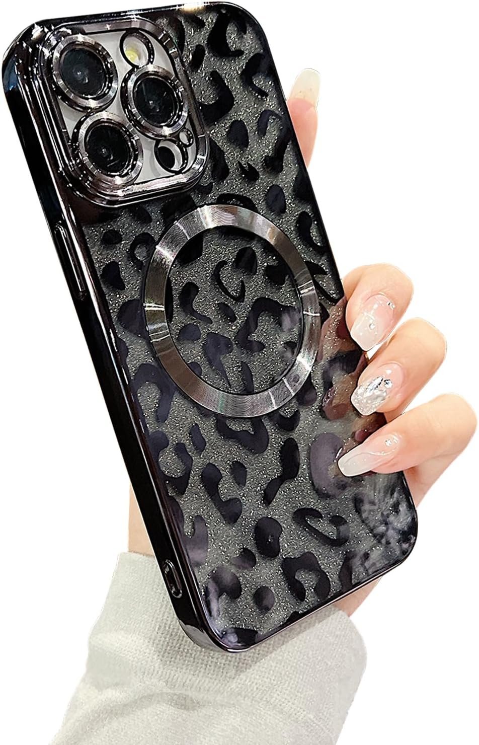 for iPhone 15 Pro Max Case Magnetic,Soft Cute Luxury Leopard Cheetah Pattern Plating Glitter Bling Phone Case Compatible with MagSafe Clear Shockproof Back Cover for Women Girl 6.7"-Black - Image 2