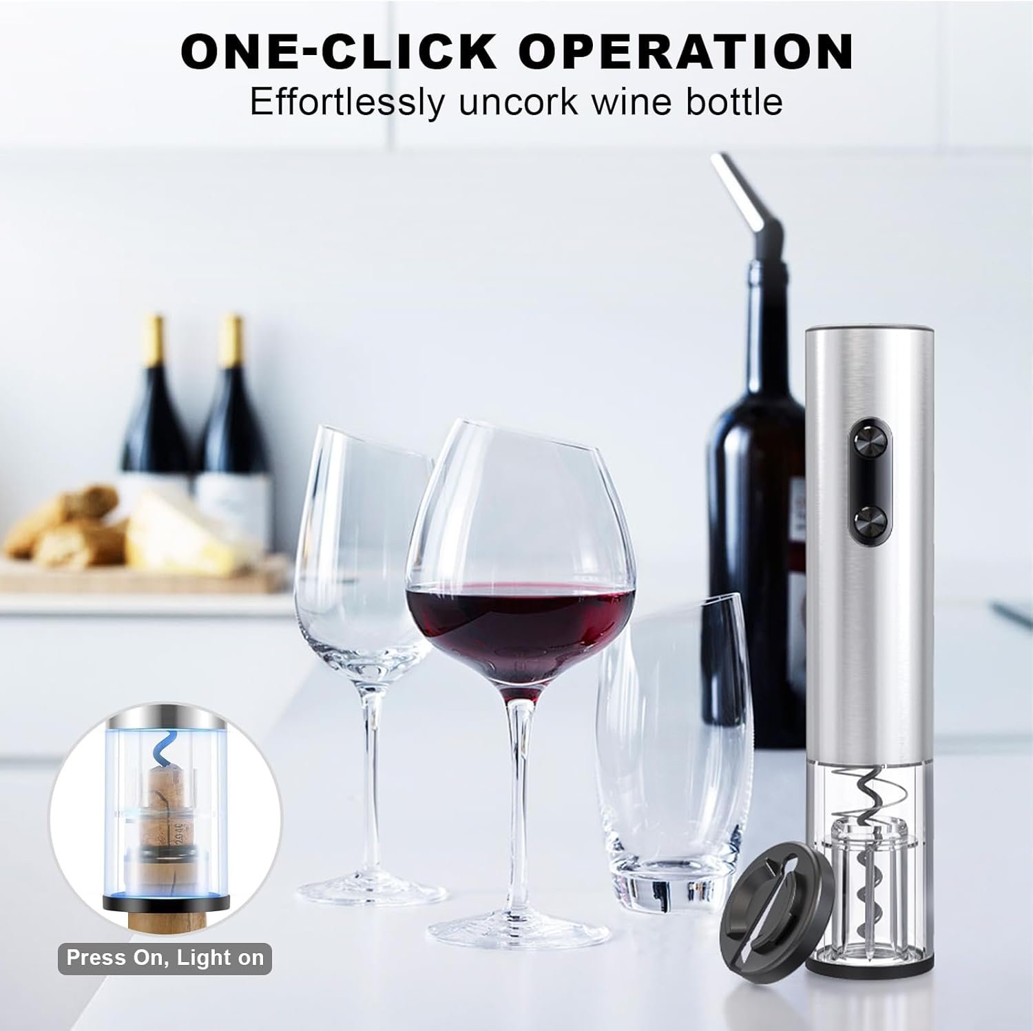 COKUNST Electric Wine Opener, Battery Operated Corkscrews Wine Bottles Openers with Foil Cutter & LED Light, Reusable Automatic Wine Remover Stainless Steel for Wine Lover Home Kitchen Party - Image 6
