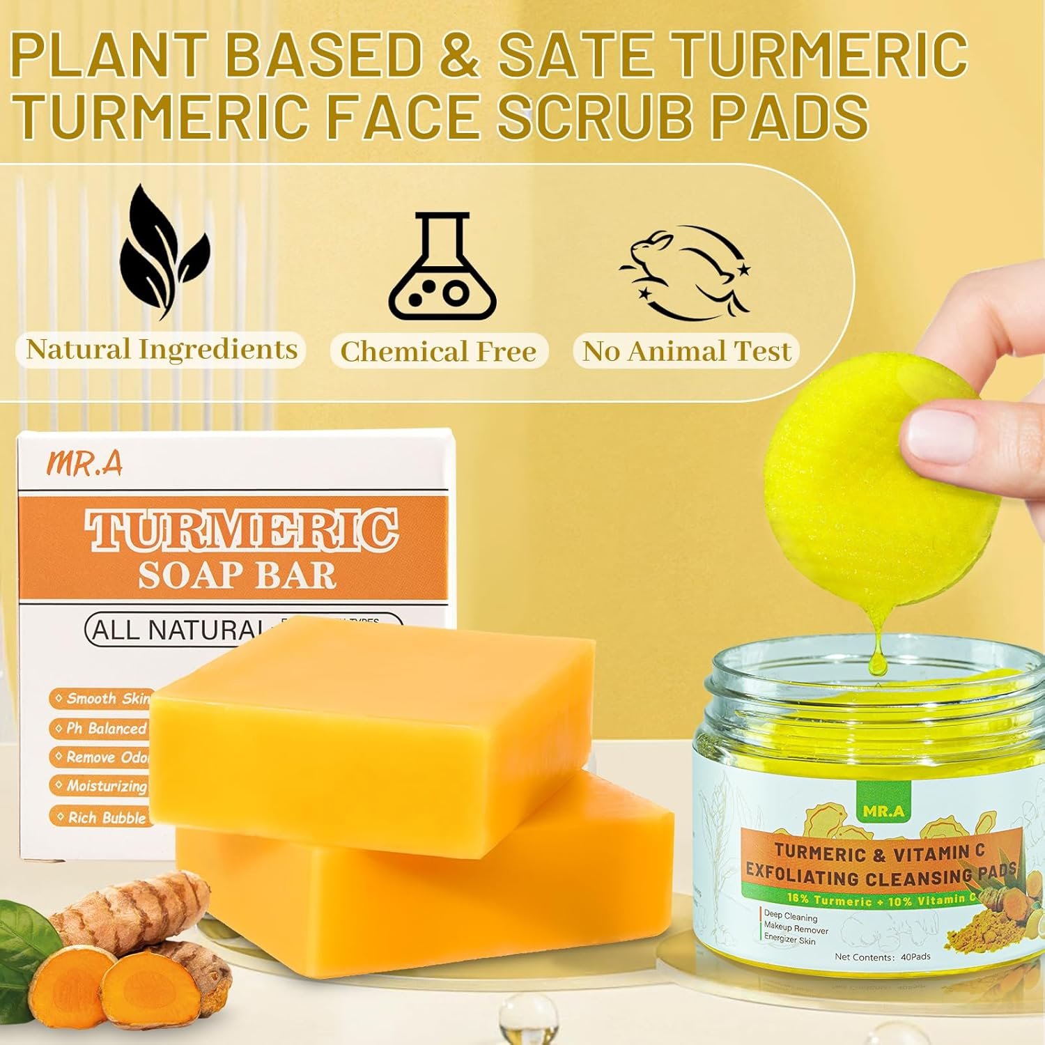 Turmeric Soap Bar Turmeric Face Clay Mask Turmeric Cleansing Pads, Vitamin C Facial Mask for Pores, Honey Tumeric Soap for all skin type, Turmeric Exfoliating Pads Turmeric Face Wash - Image 5